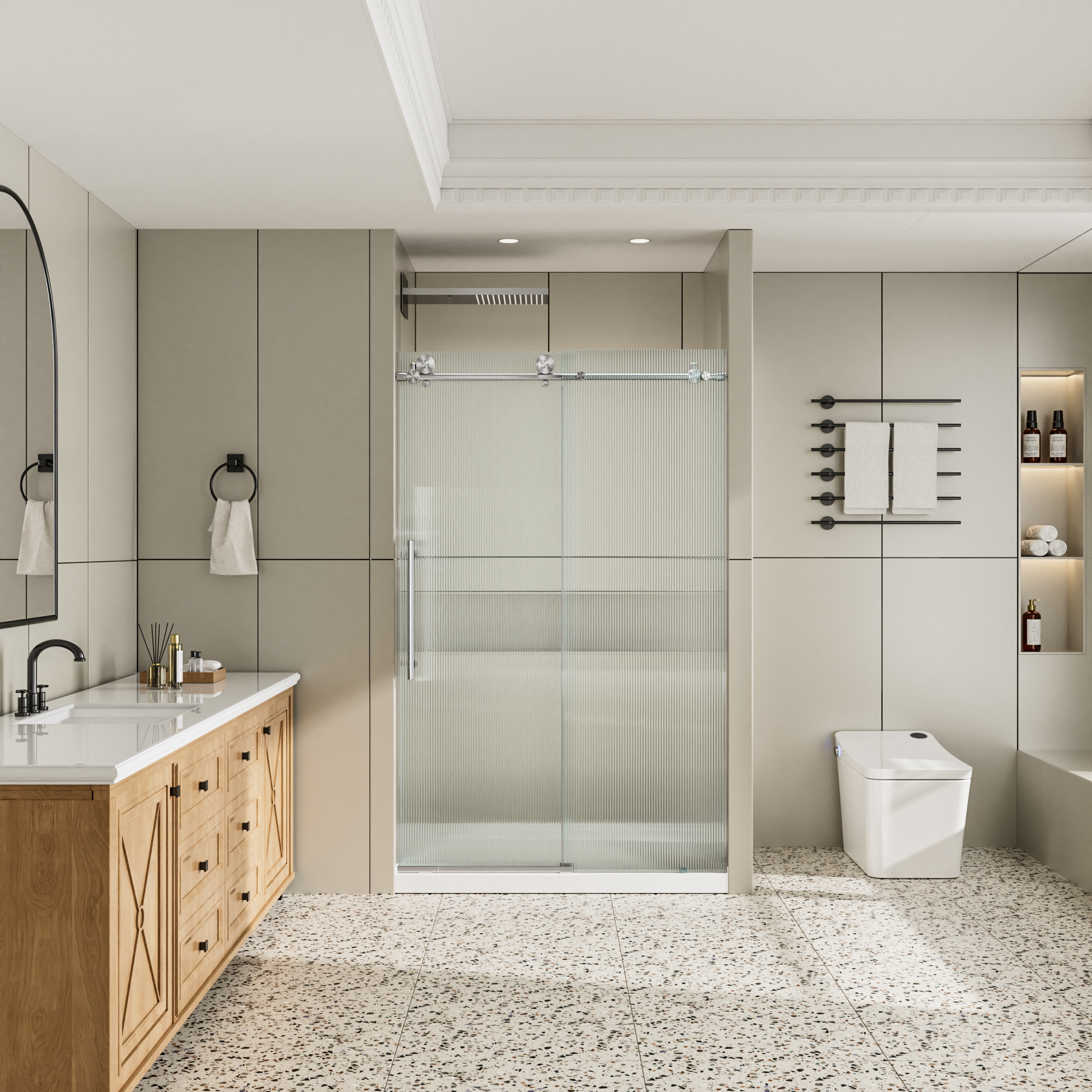 48"x76" Single Sliding Frameless Shower Door with 10mm Fluted Tempered Glass