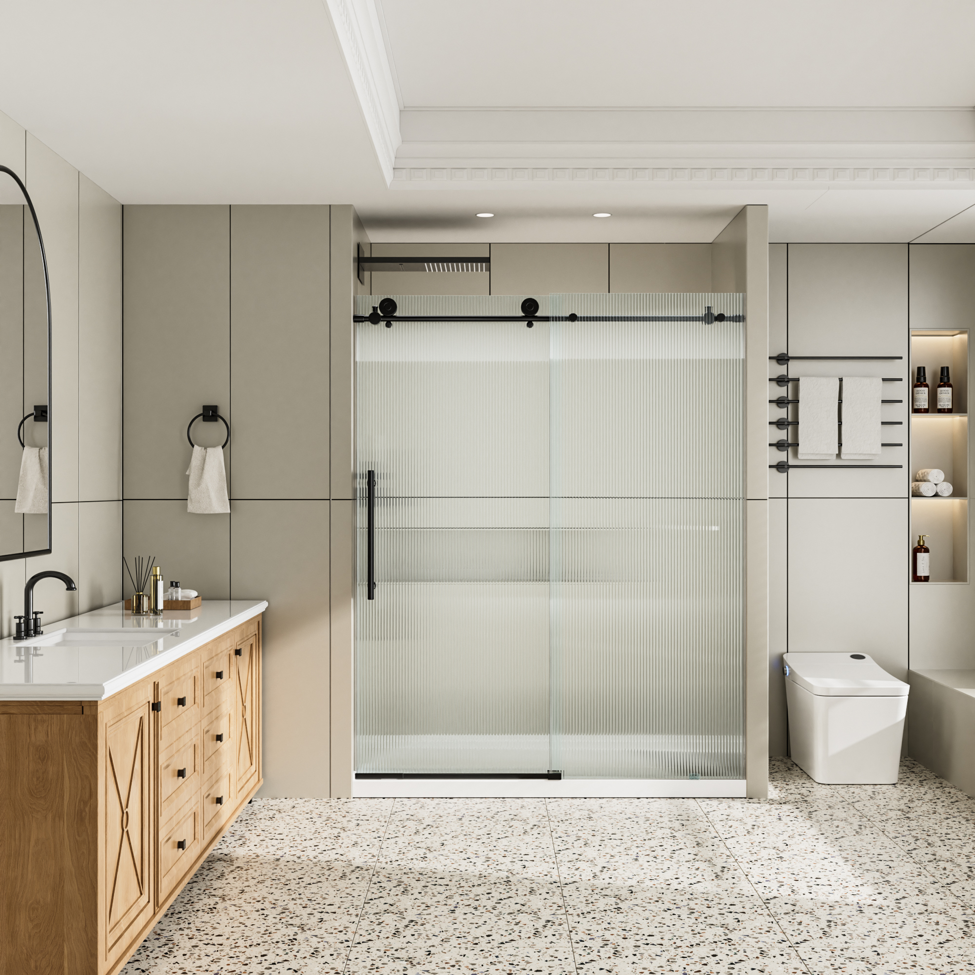 60"x76" Single Sliding Frameless Shower Door with SGCC Certified Fluted Tempered Glass