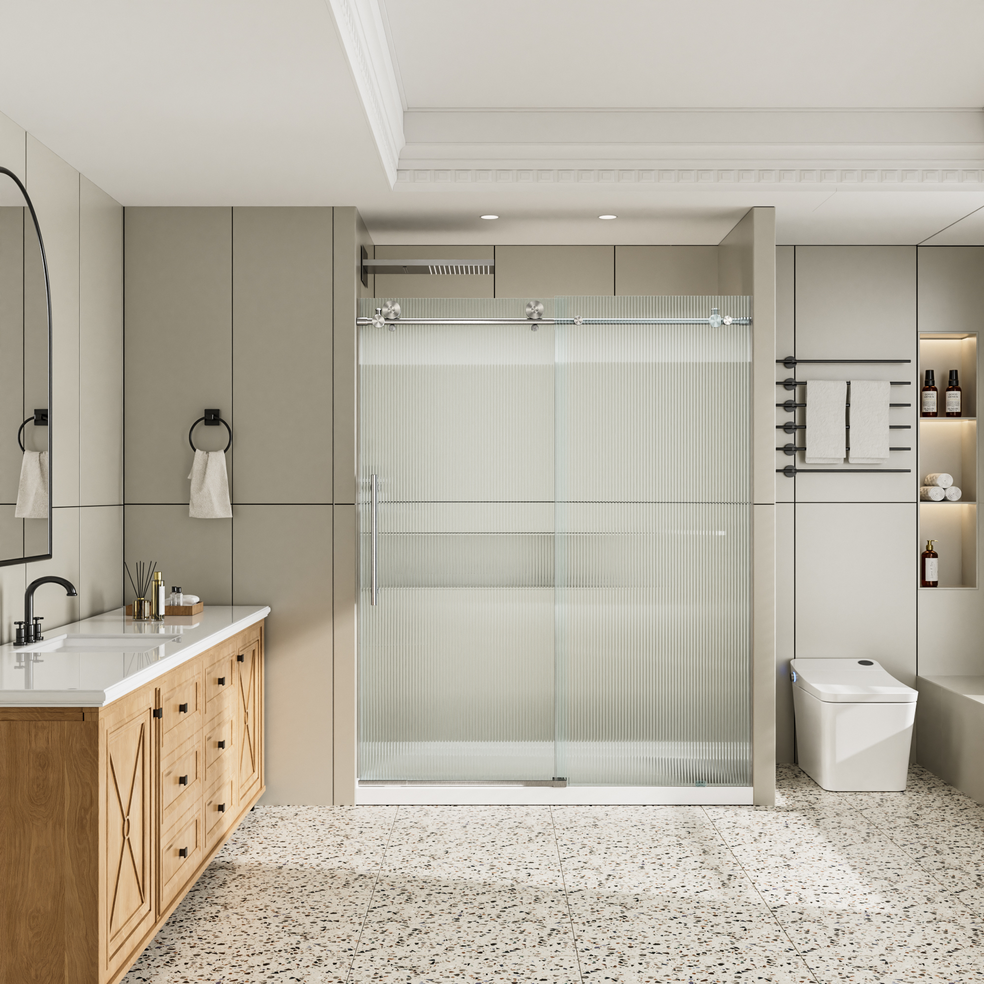 60"x76" Single Sliding Frameless Shower Door with SGCC Certified Fluted Tempered Glass