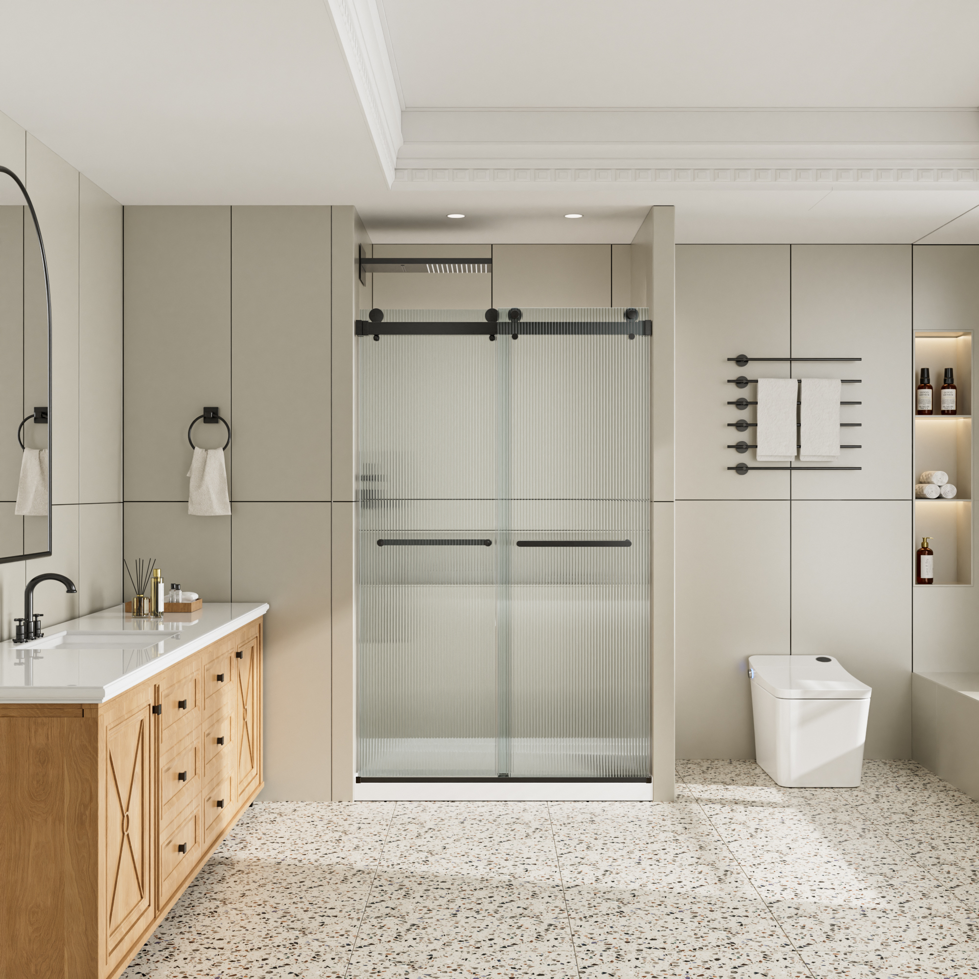48"x76" Frameless Double Sliding Shower Door with 3/8" Fluted Glass