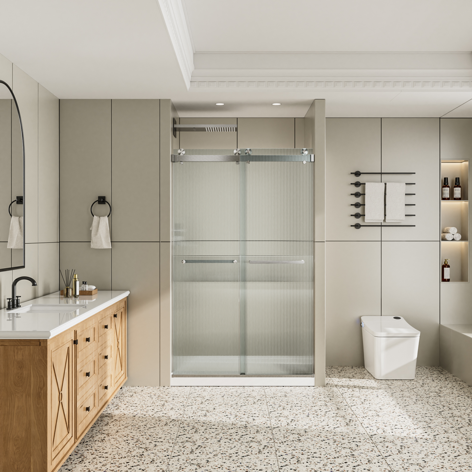 48"x76" Frameless Double Sliding Shower Door with 3/8" Fluted Glass