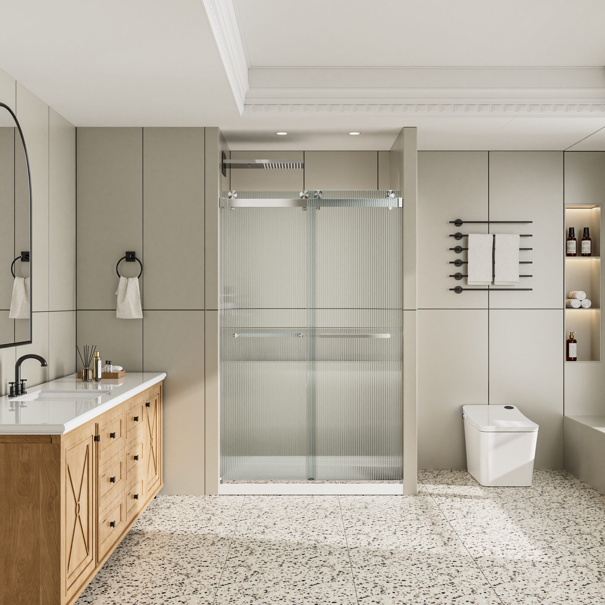 48"x76" Frameless Double Sliding Shower Door with 3/8" Fluted Glass