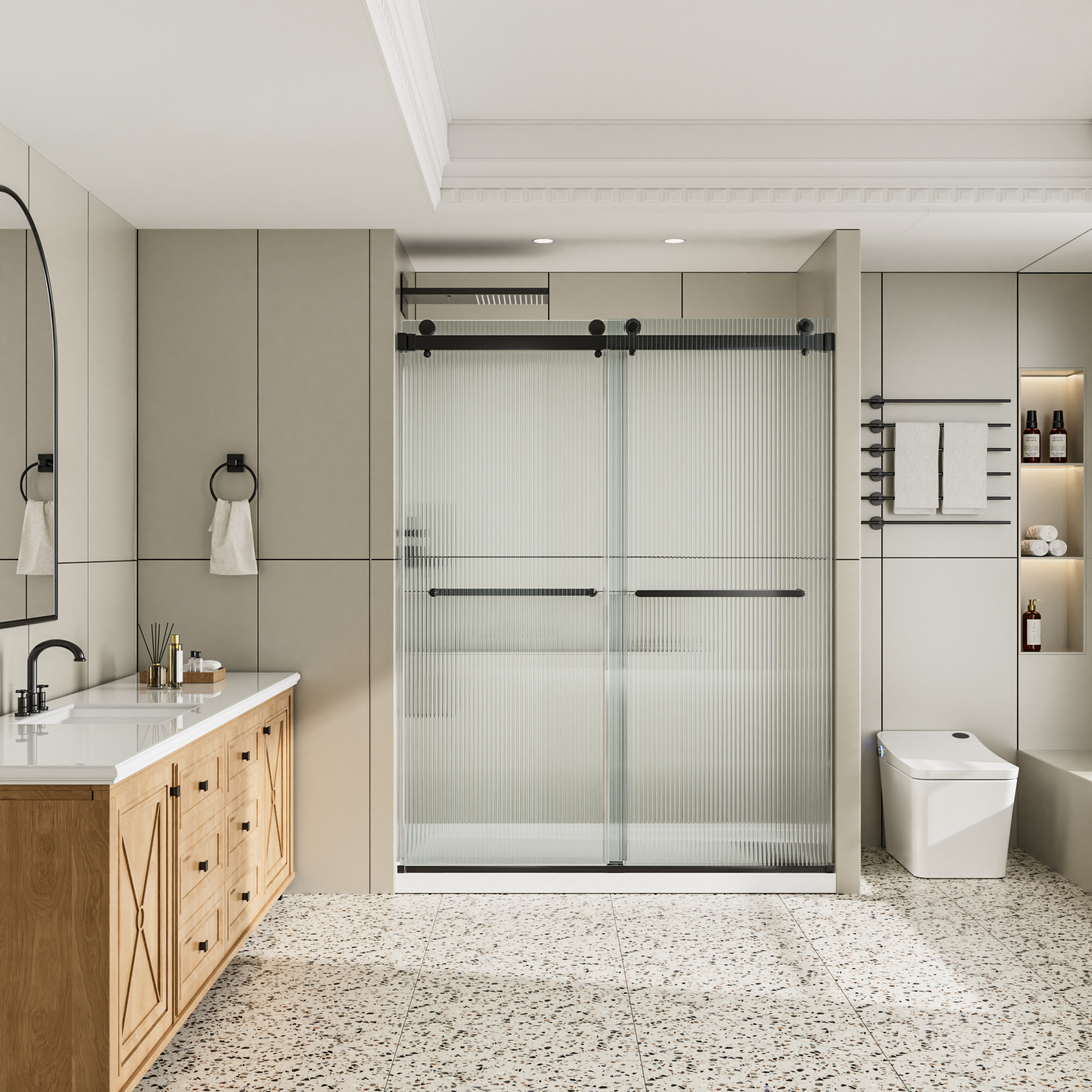 60"x76" Frameless Double Sliding Shower Door with Two Horizontal Towels