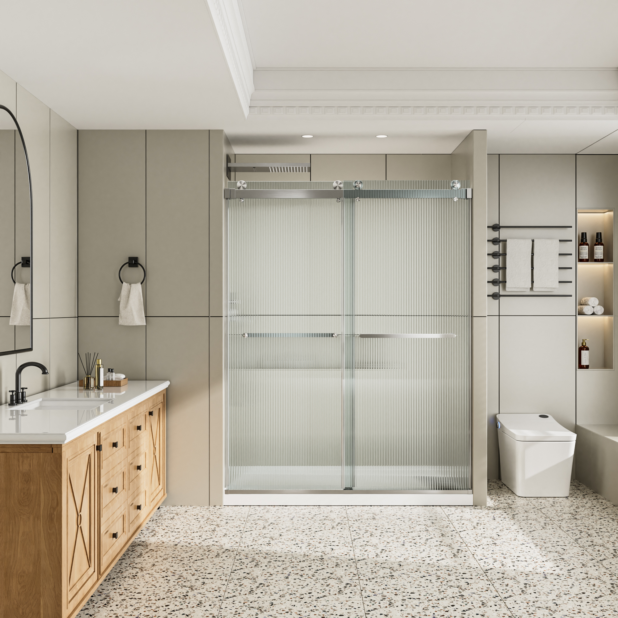 60"x76" Frameless Double Sliding Shower Door with Two Horizontal Towels