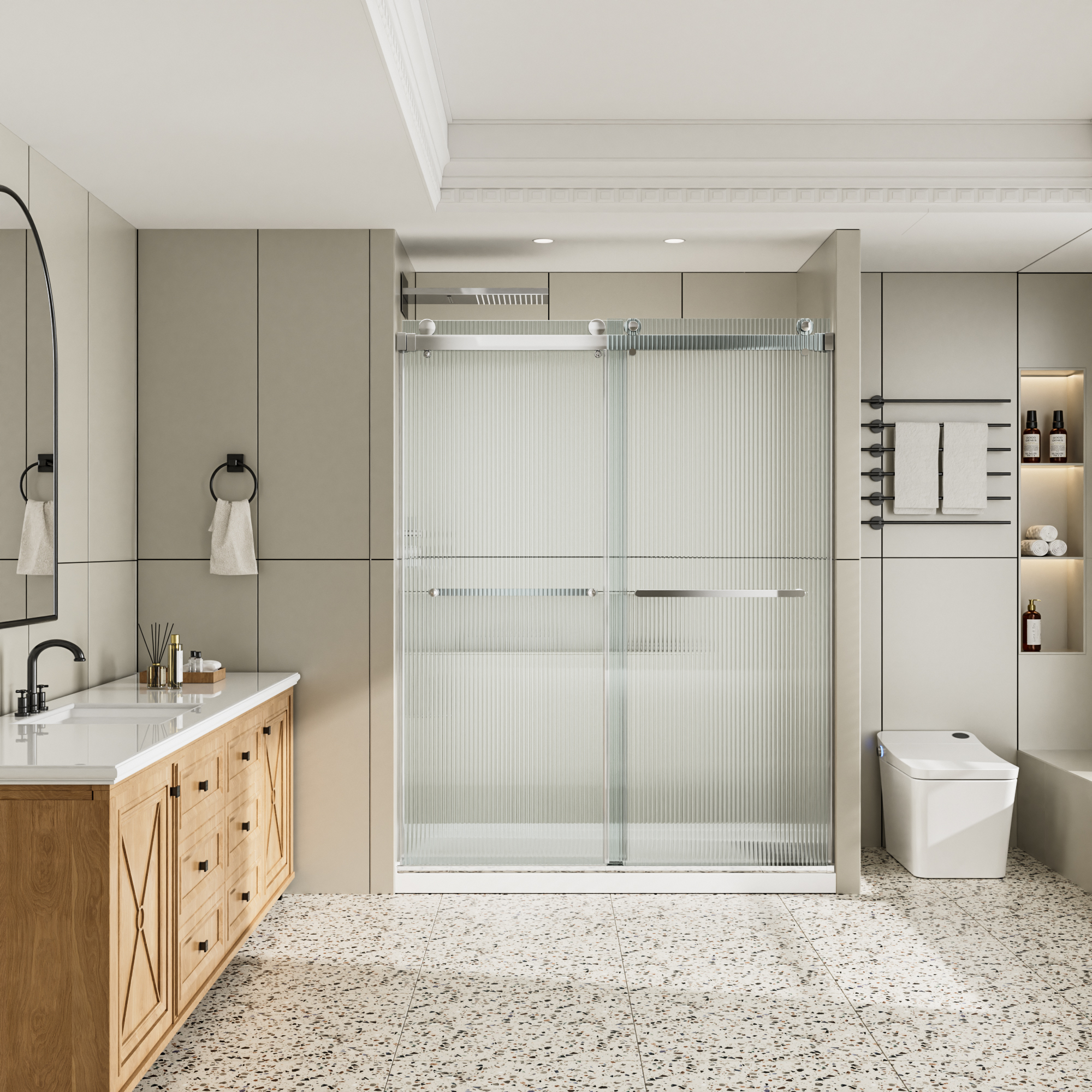 60"x76" Frameless Double Sliding Shower Door with Two Horizontal Towels