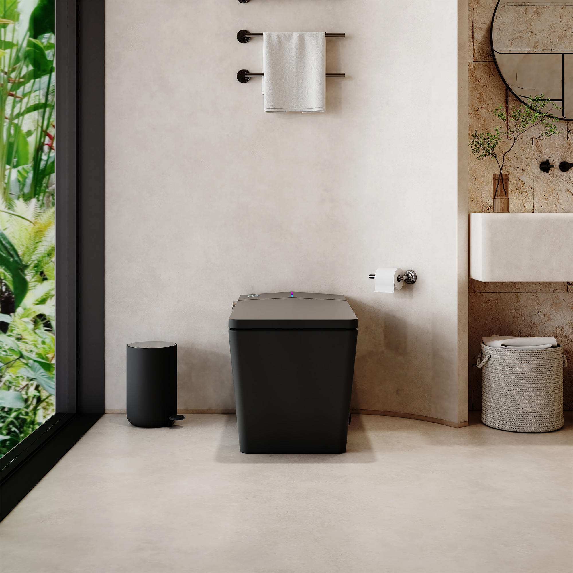 Black & White Smart Built-in Tank Bidet Toilet with Foot-Touch Lid Opening