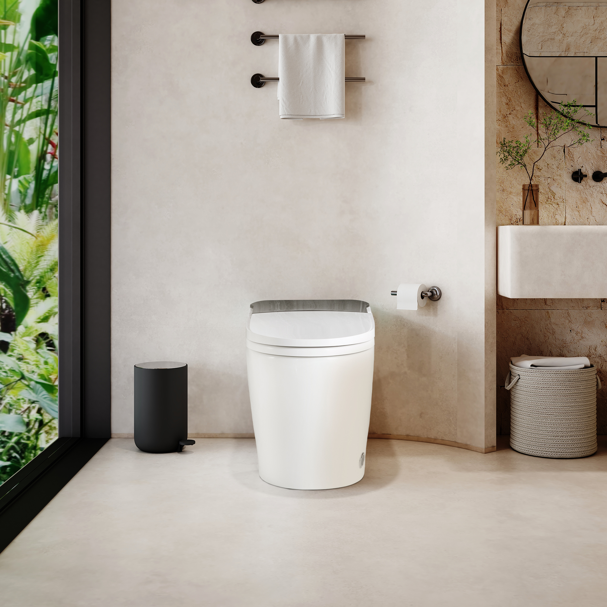Smart Elongated Toilet with Built-in Heated Bidet Seat & Side Button
