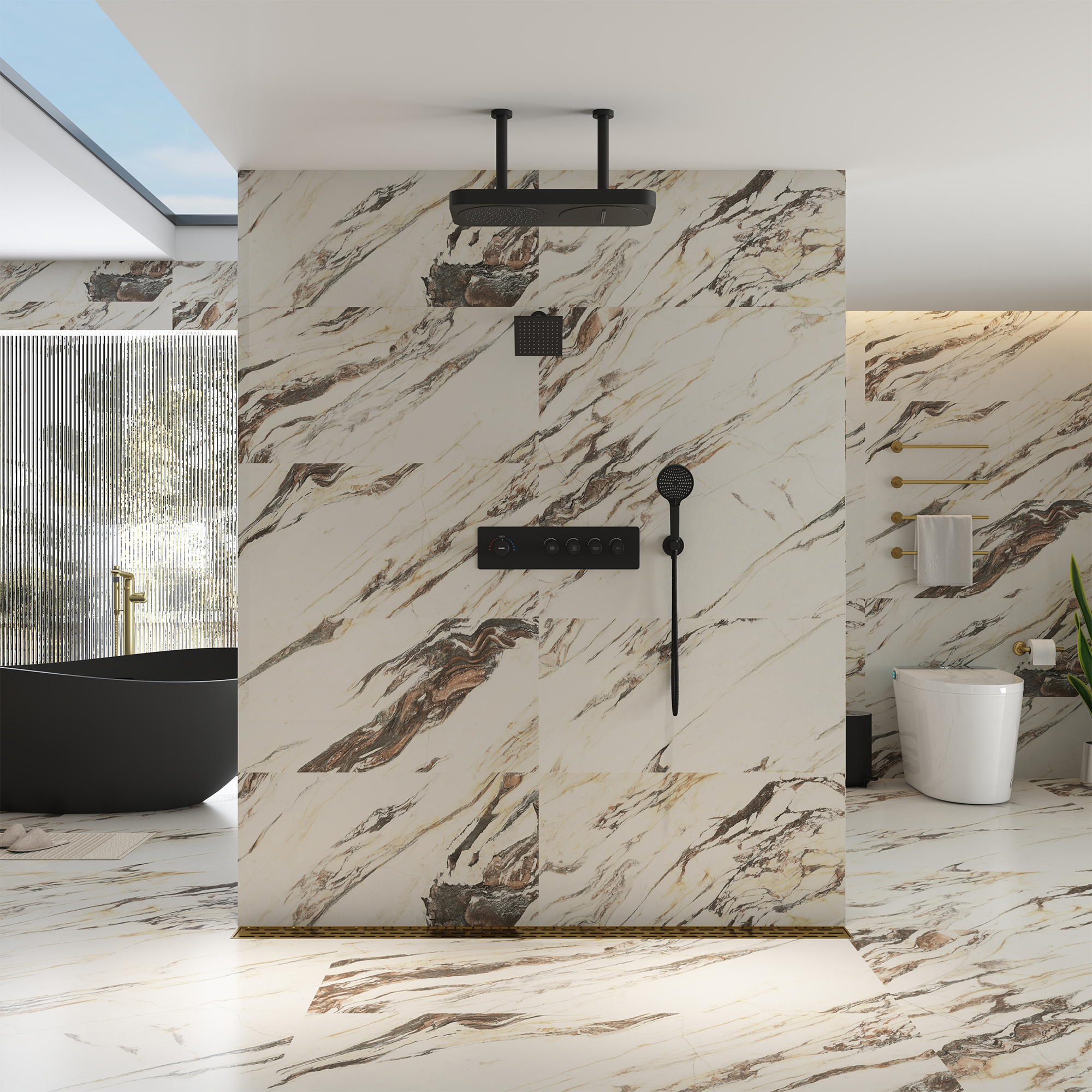 22.56*11.22 inch Ceiling-Mounted 4-Function Thermostatic Dual Shower System with Hand Shower