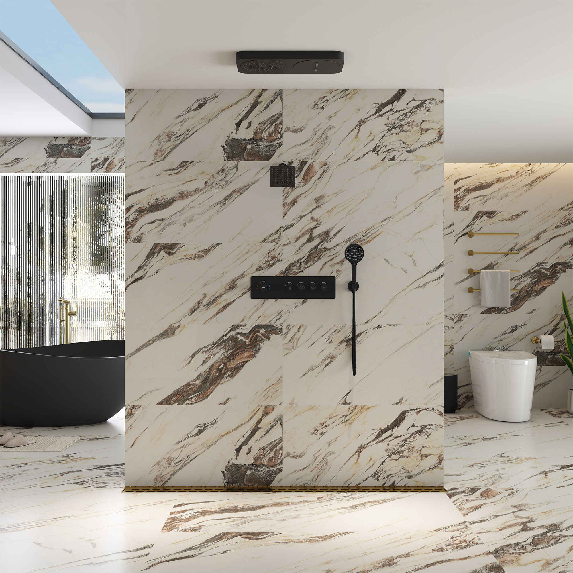 22.56" x 11.22" Flush-Mounted 4-Function Thermostatic Dual Shower Head System