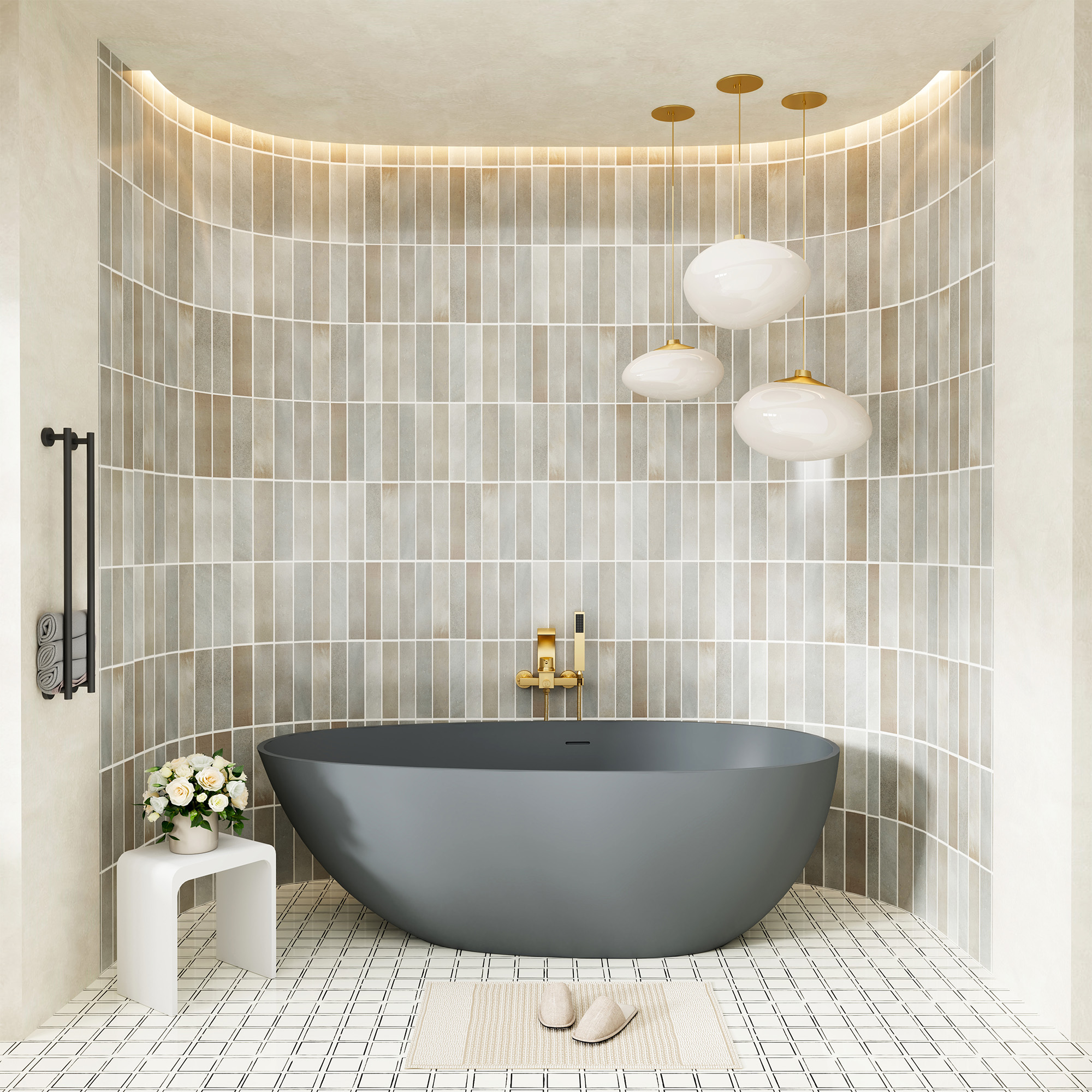 59" Non-porous Egg Shell Stone Resin Freestanding Soaking Tub Matte Black, Matte Grey - Egg Harbor