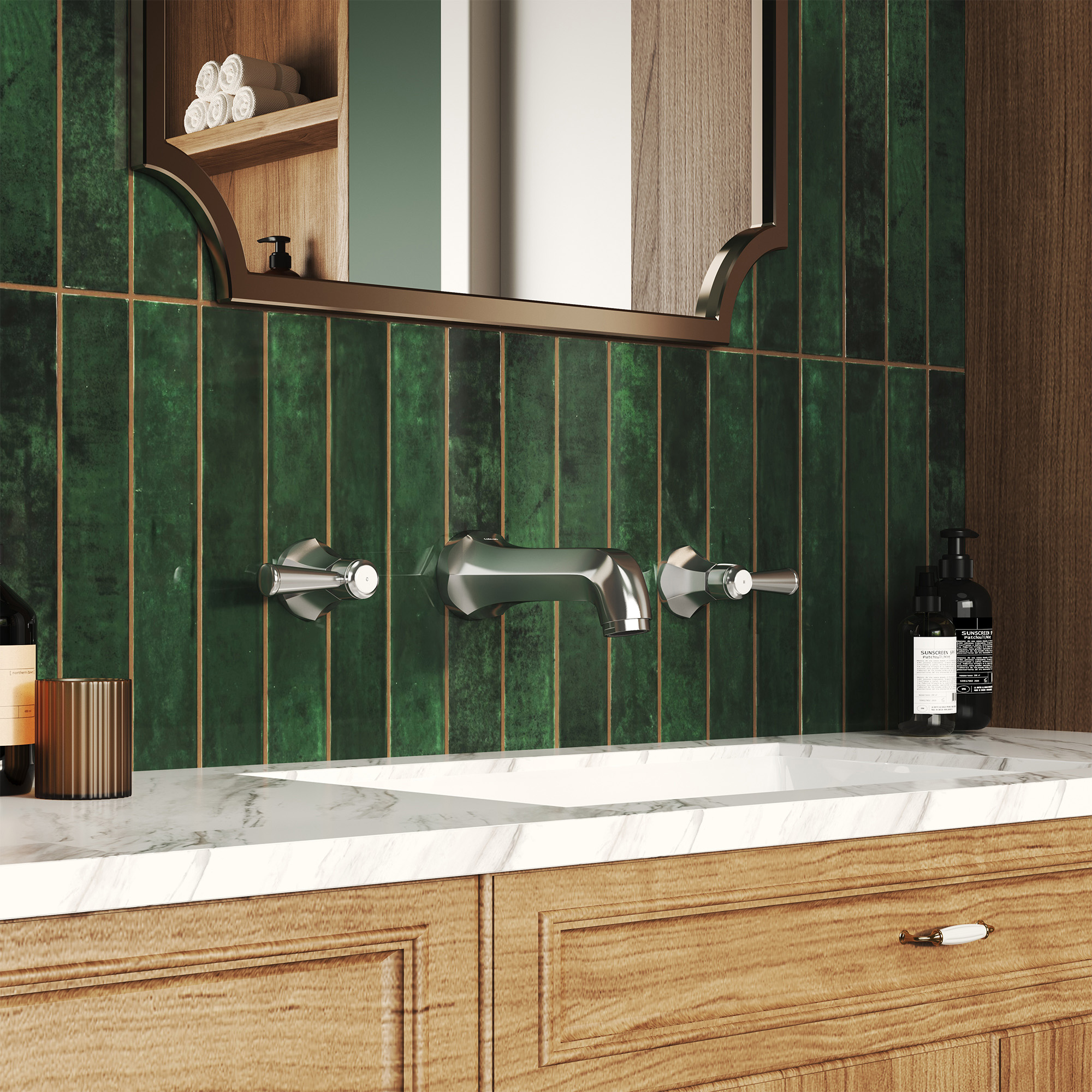 Polished Nickel Dual Handle Wall Mounted Bathroom Faucet - HEXAGON