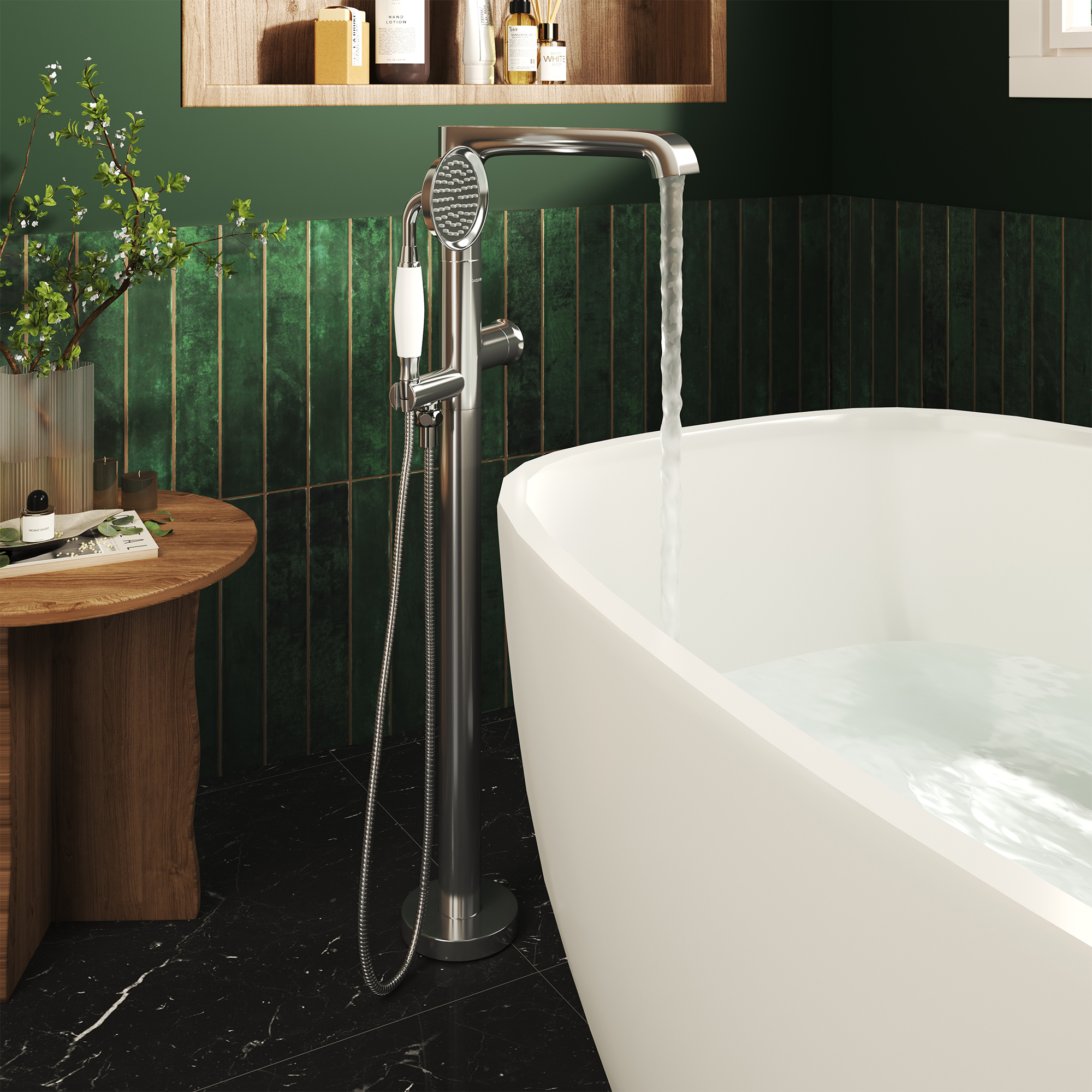 Polished Nickel Freestanding Floor Mount Bathtub Faucet with Hand Shower - HEXAGON