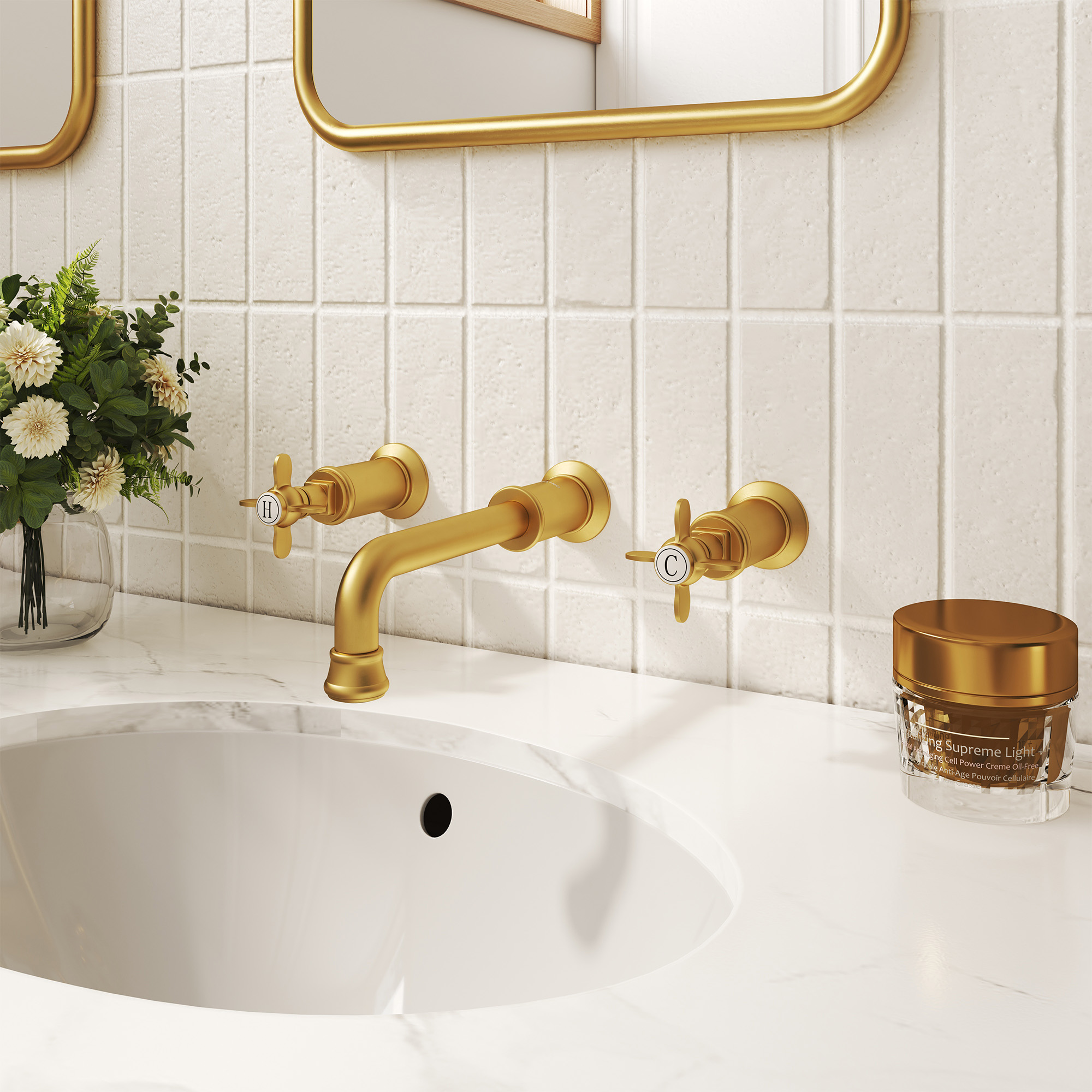 Cross Handles Brushed Gold Wall Mounted Bathroom Faucet – DANUBE