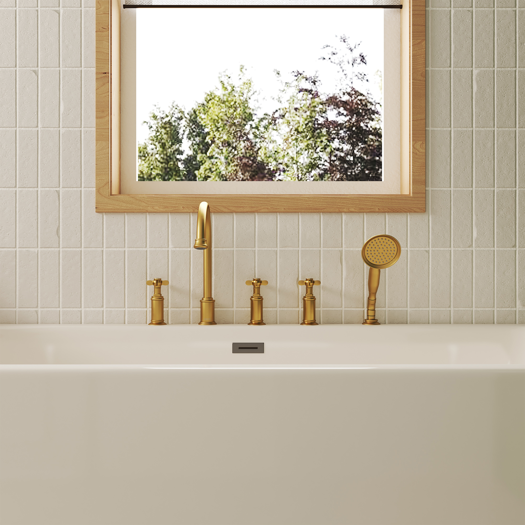 Brushed Gold 5-Hole Deck Roman Tub Faucet with Hand Shower - DANUBE