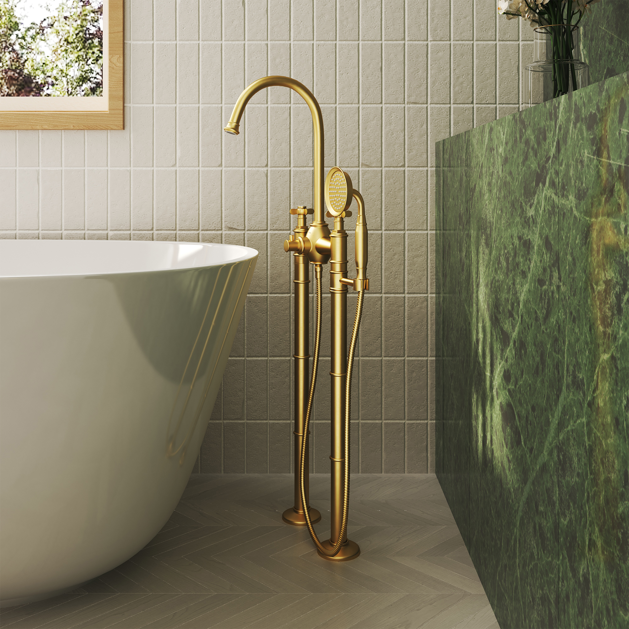 Brushed Gold Freestanding Bathtub Faucet with Hand Shower - DANUBE