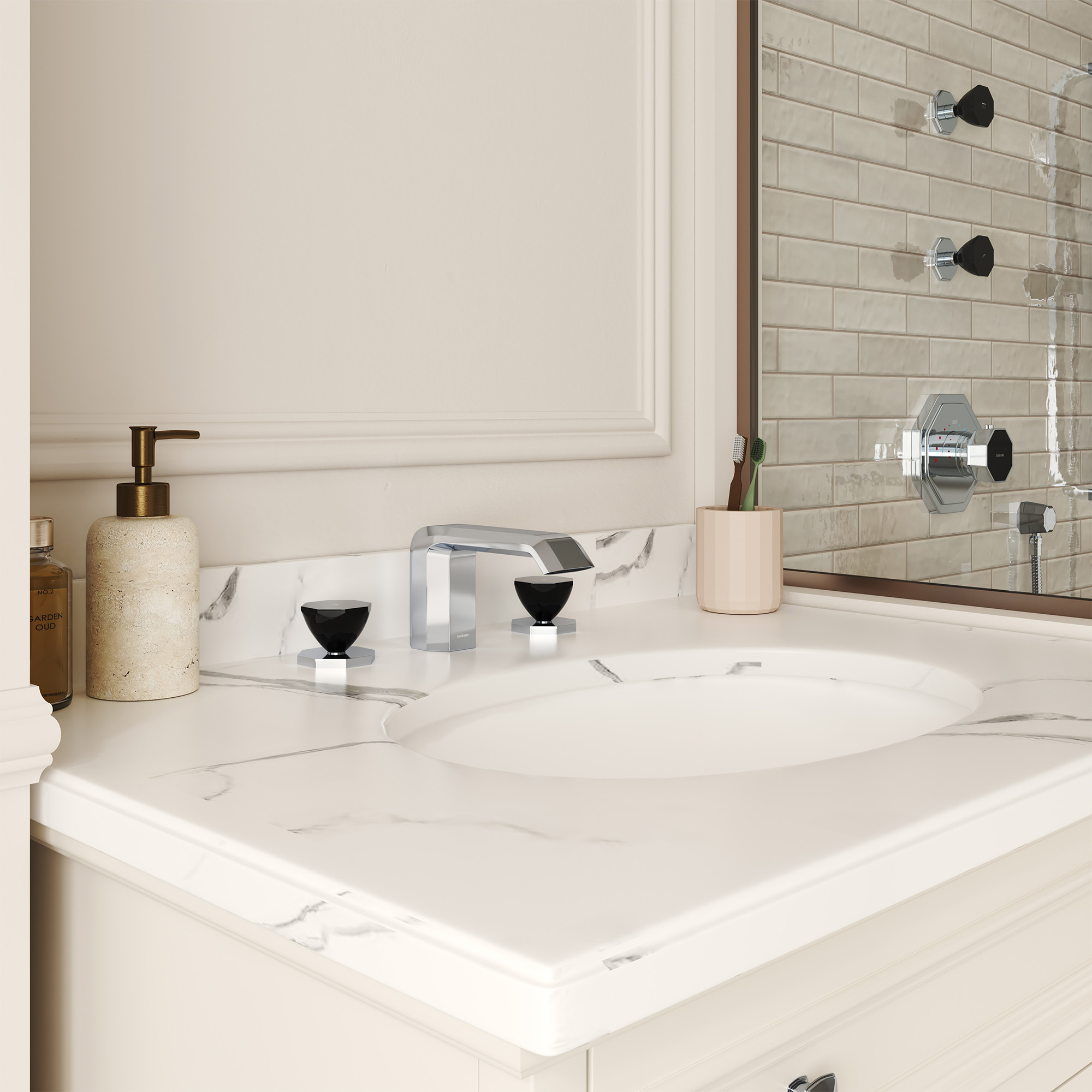 Chrome Widespread Bathroom Faucet with Black PVD Octagonal Handles - OCTAGON