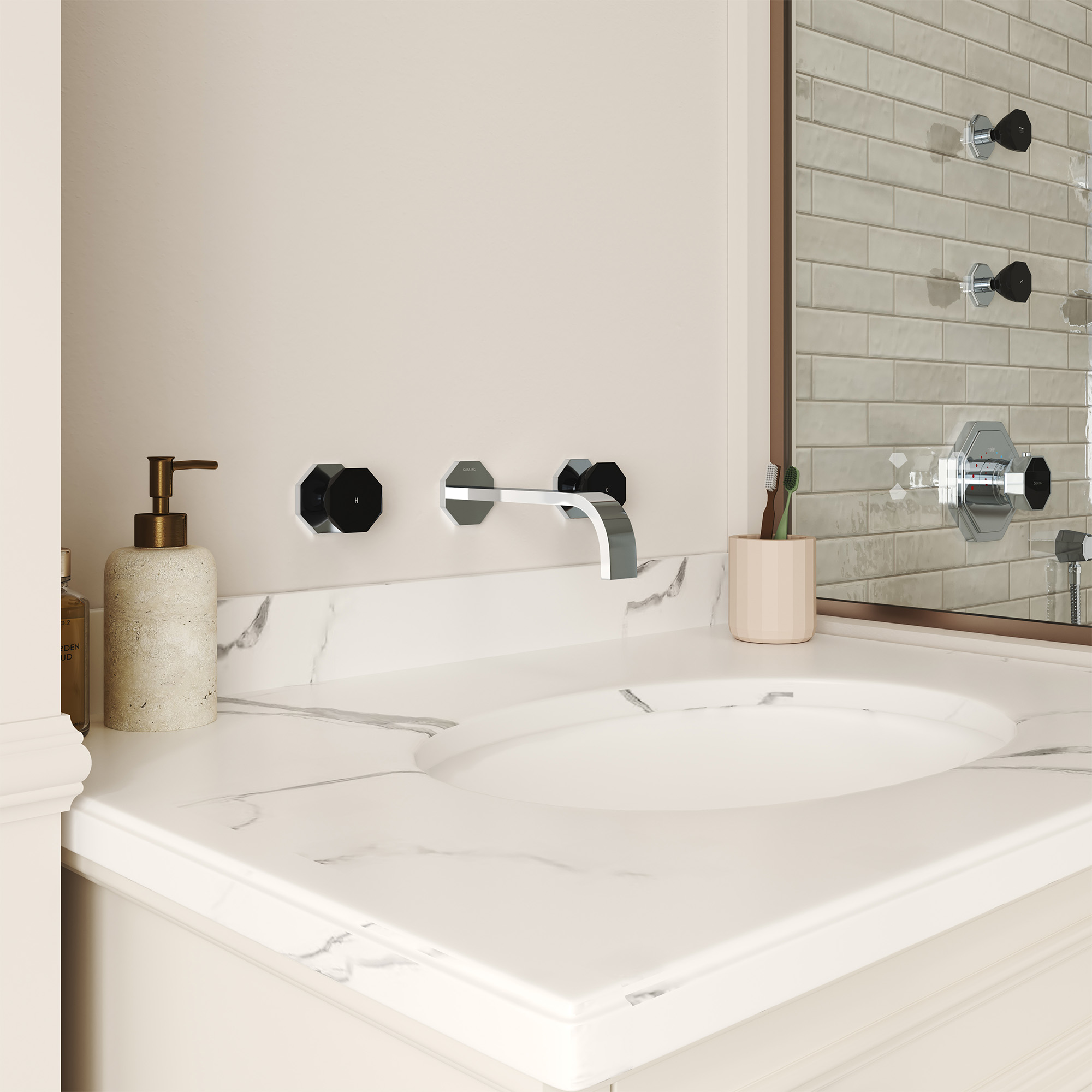 Chrome Wall-Mounted Bathroom Faucet with Black PVD Octagonal Handles - OCTAGON