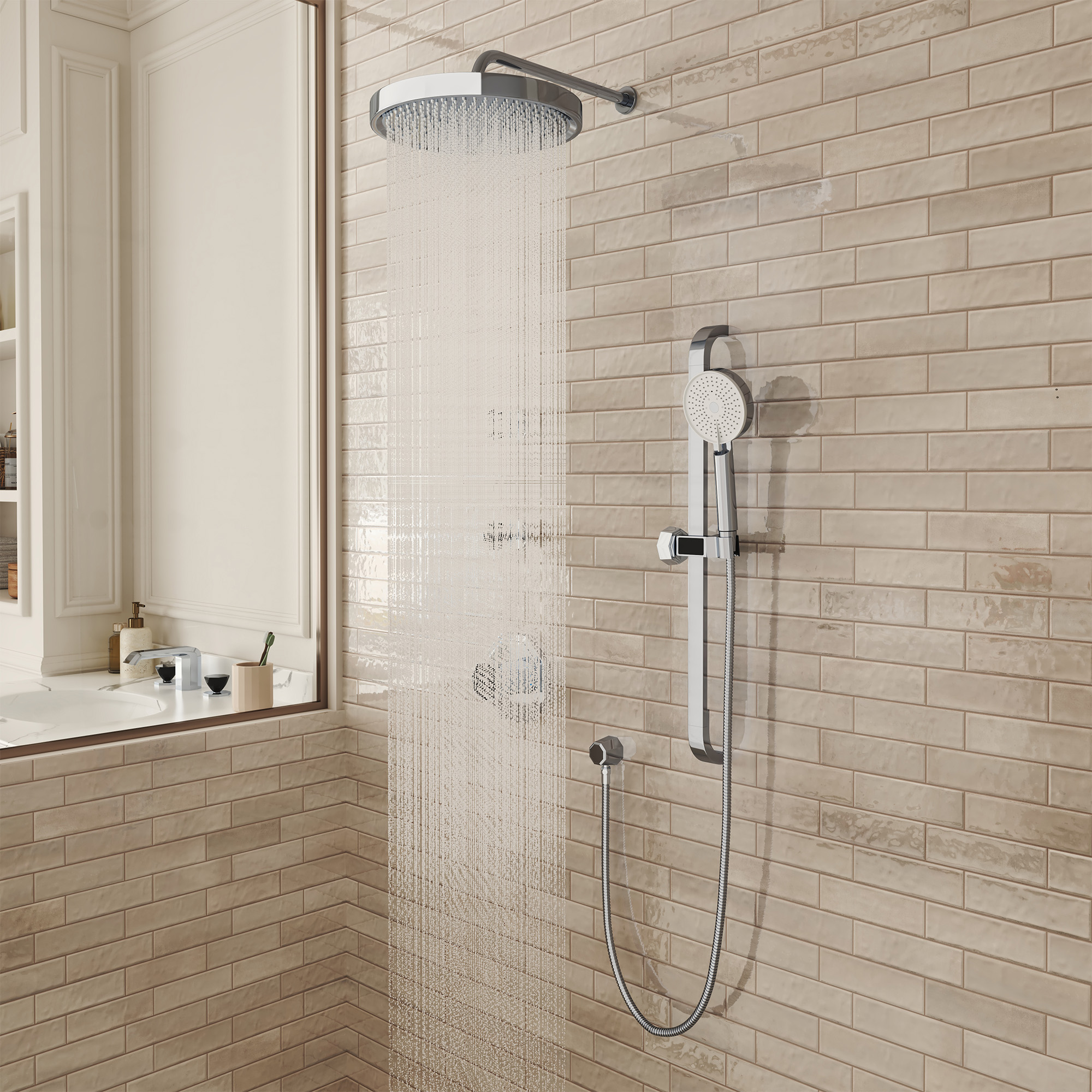 12" Rainfall Thermostatic Shower System with 3-Function Hand Shower - OCTAGON