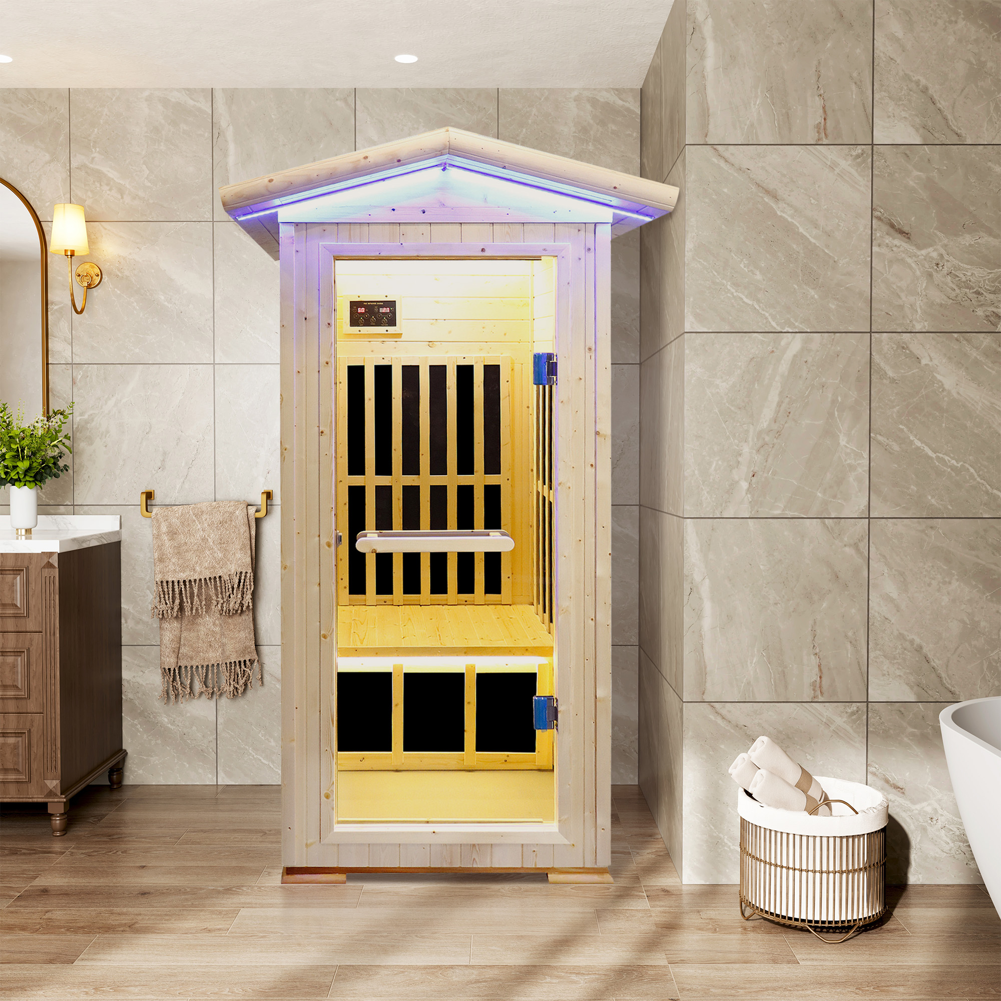 1-Person Spruce Outdoor Infrared Sauna with Bluetooth & Ambient Lighting