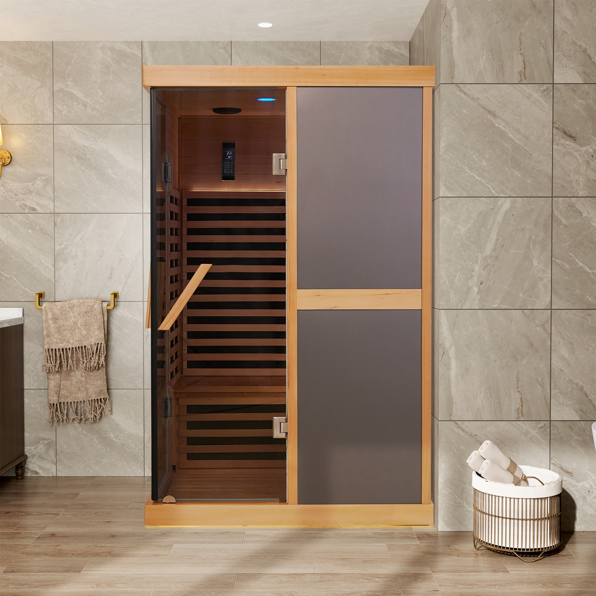 Hemlock Wood Double Person V-Shaped Infrared Sauna with Dual Glass Doors