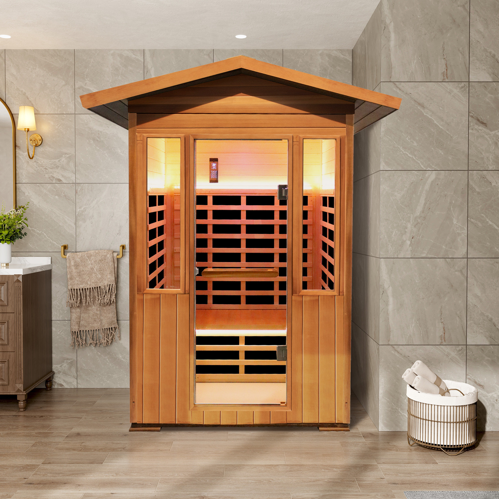 Peak Roof Outdoor Red Cedar Infrared Sauna with Bluetooth & Lighting
