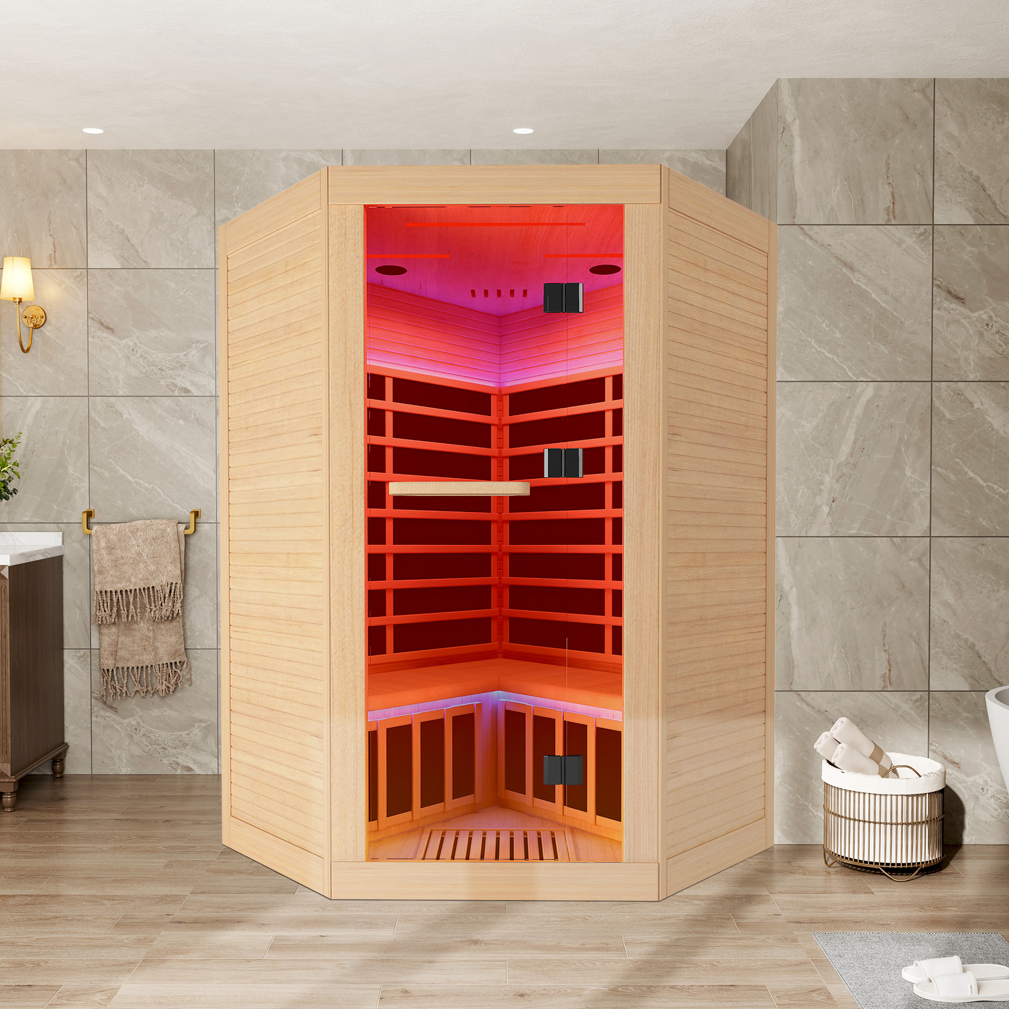 Canadian Hemlock 2-Person Infrared Corner Sauna with Chromotherapy & Bluetooth