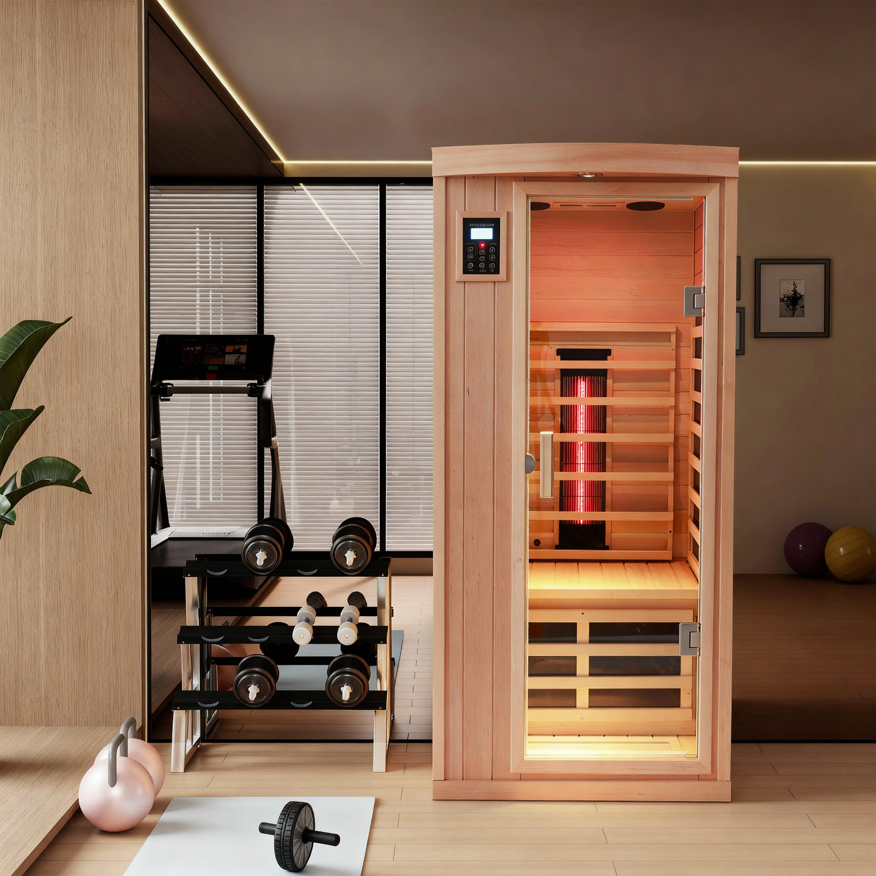 1-Person Low-EMF Hemlock Infrared Sauna with Bluetooth & Lights