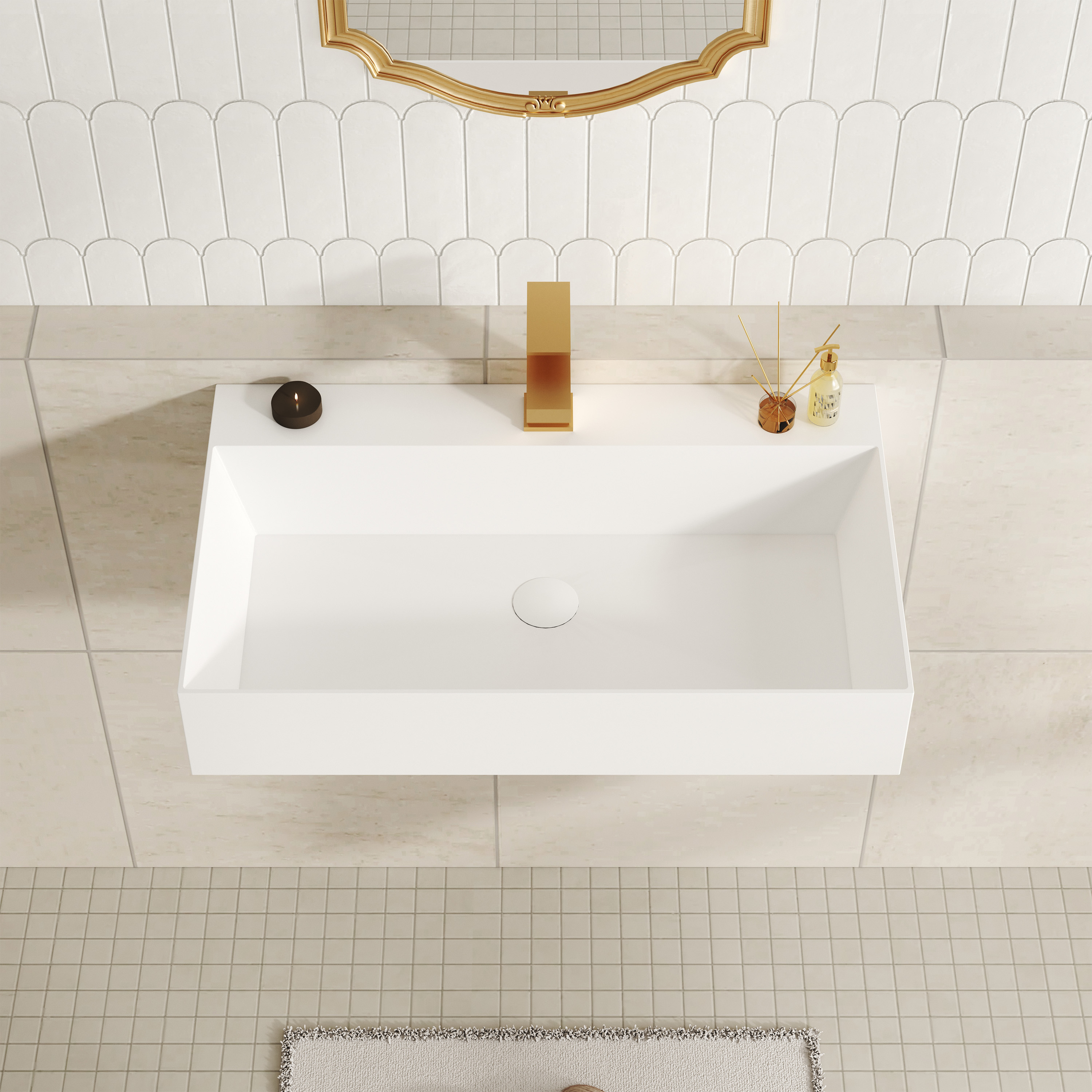 30"/42" Solid Surface Sink Wall Mount Stone Resin Bathroom Sink