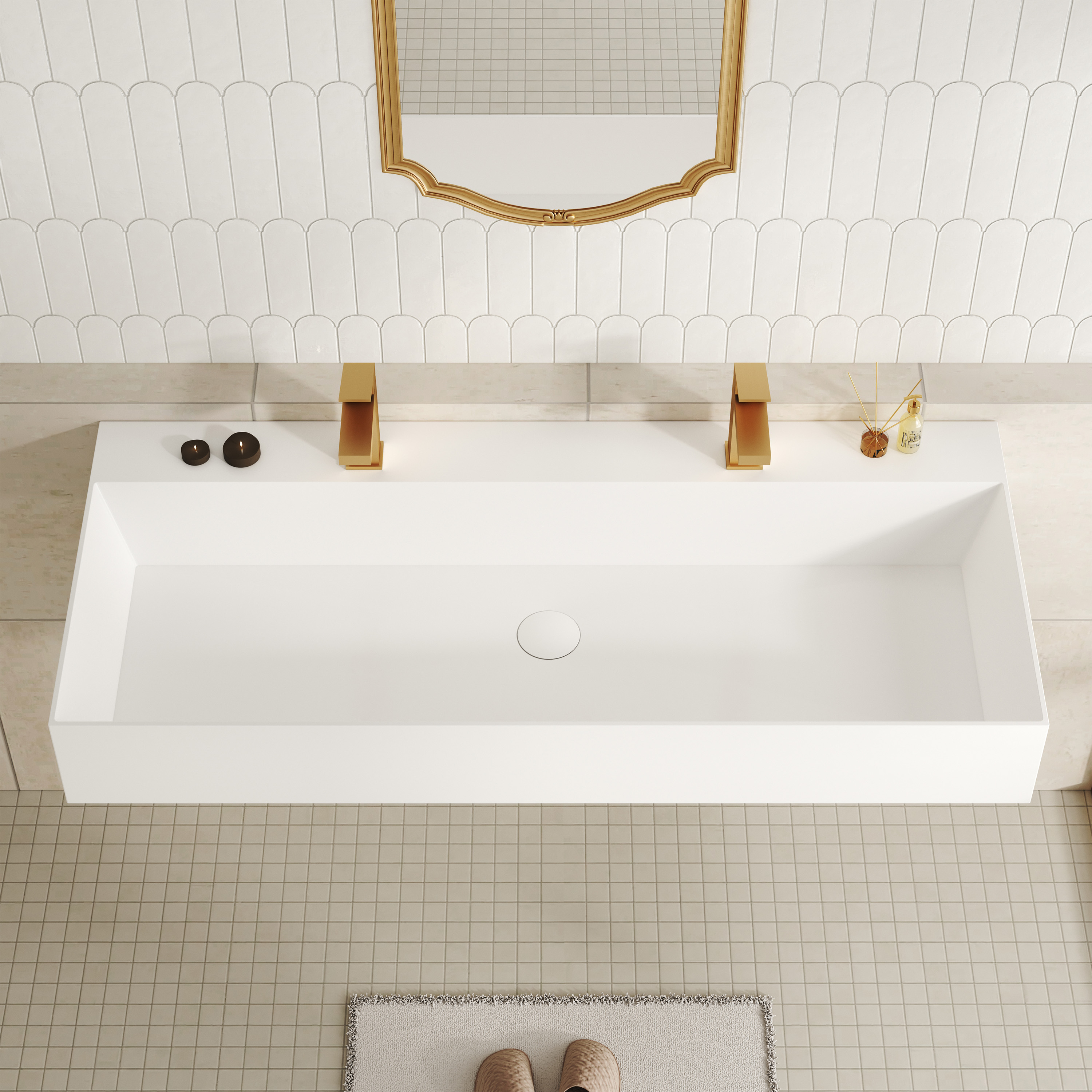 48" Wall Mounted Solid Surface Sink with 2 Faucet Holes