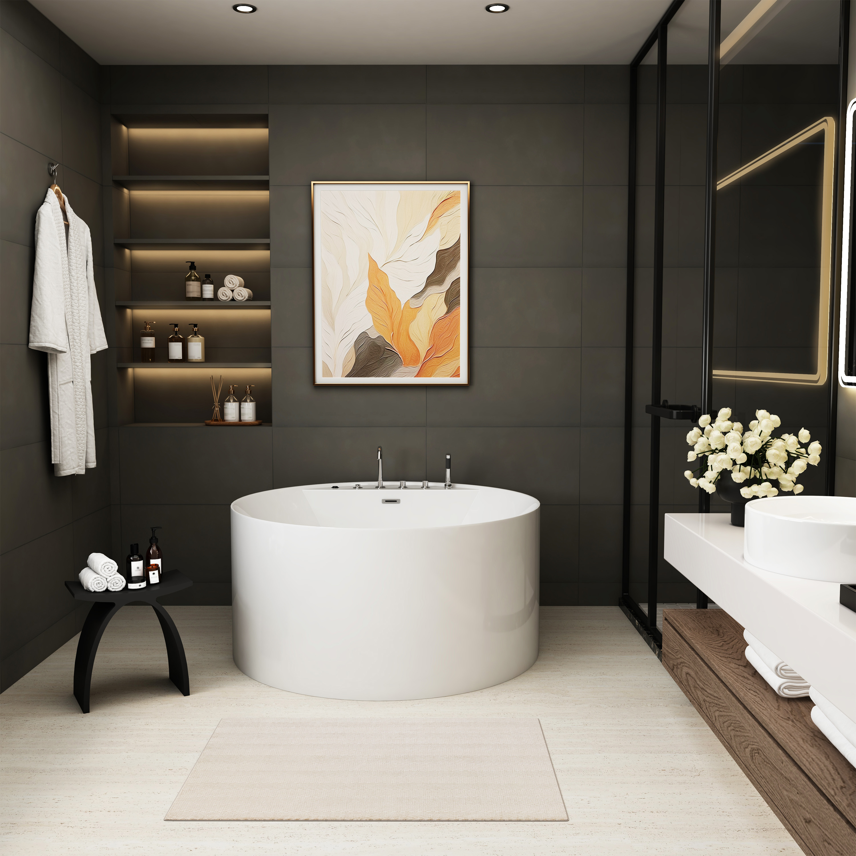 49" Modern Freestanding Whirlpool Bathtub with LED Mood Light & Hydro Massage Jets