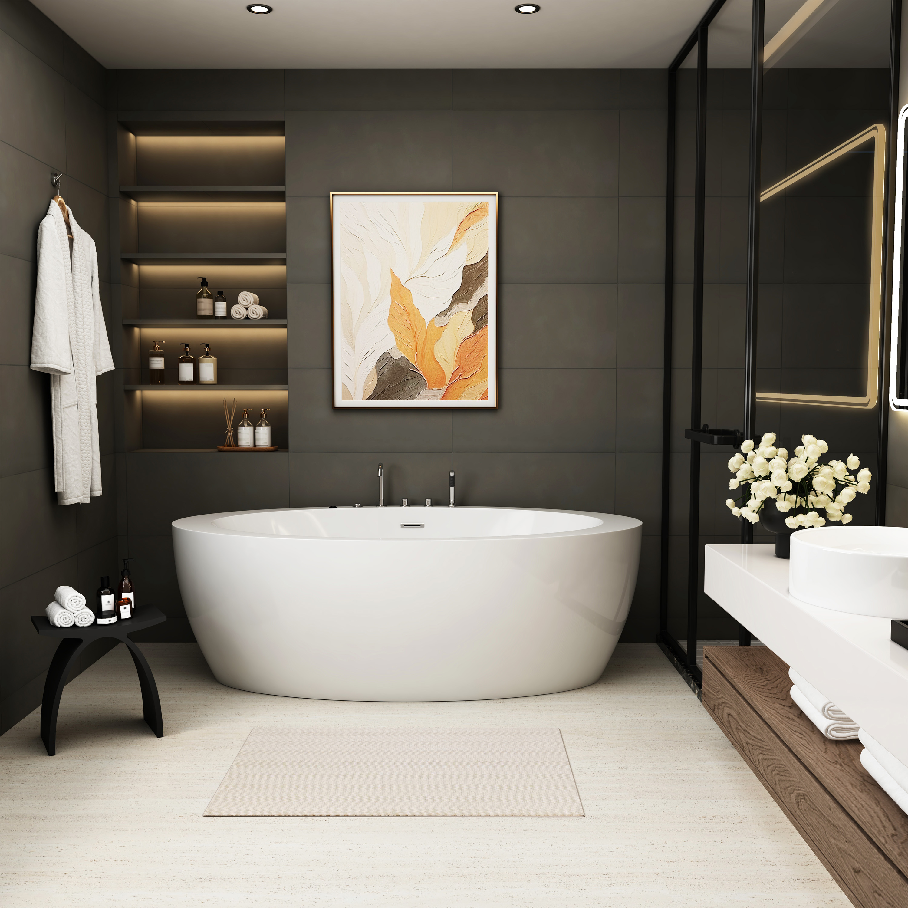 71" Minimalist Massage Freestanding Bathtub with LED Mood Light & Ergonomic Deep Soak