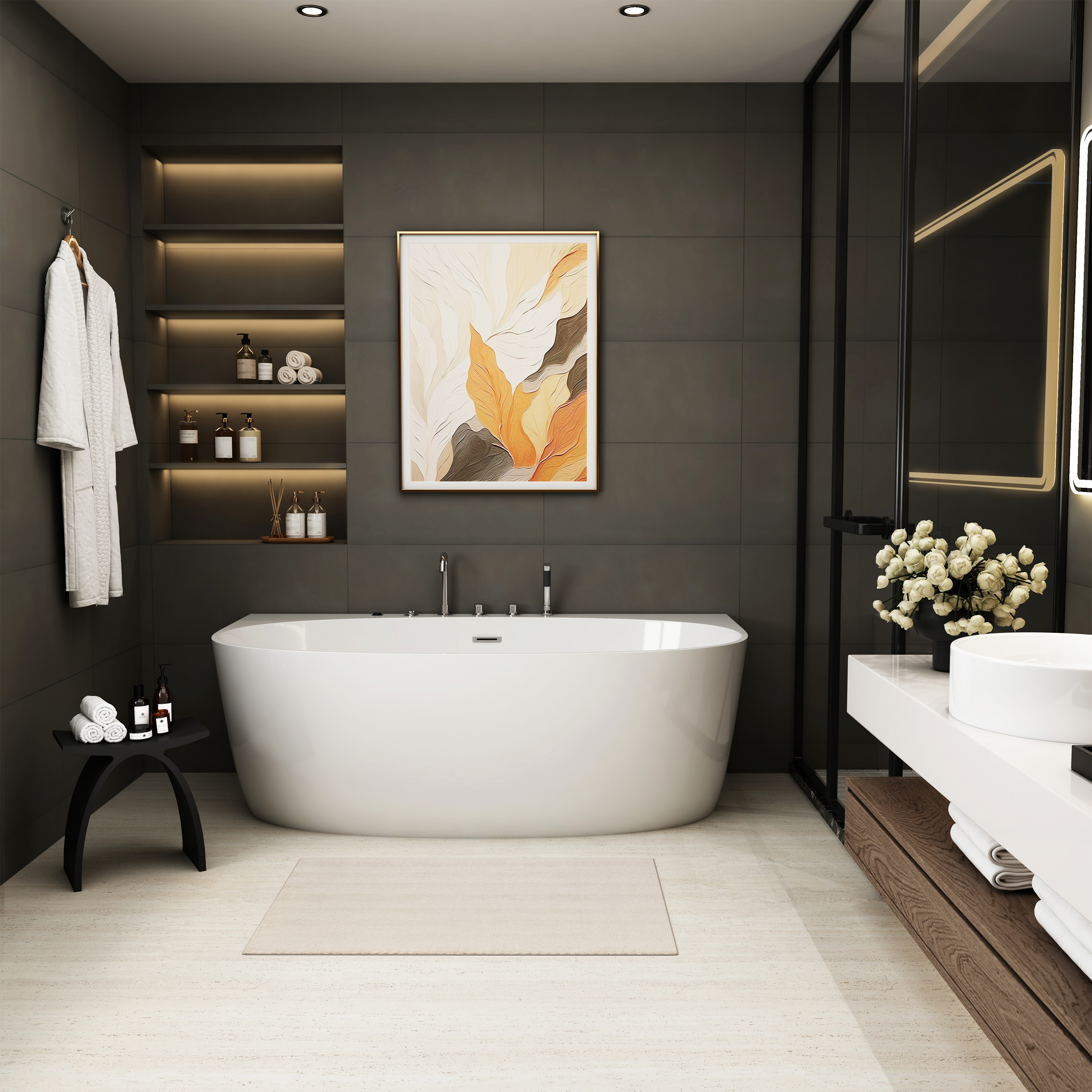 67" Freestanding Whirlpool Bathtub with 6 Hydro Jets & LED Mood Lighting