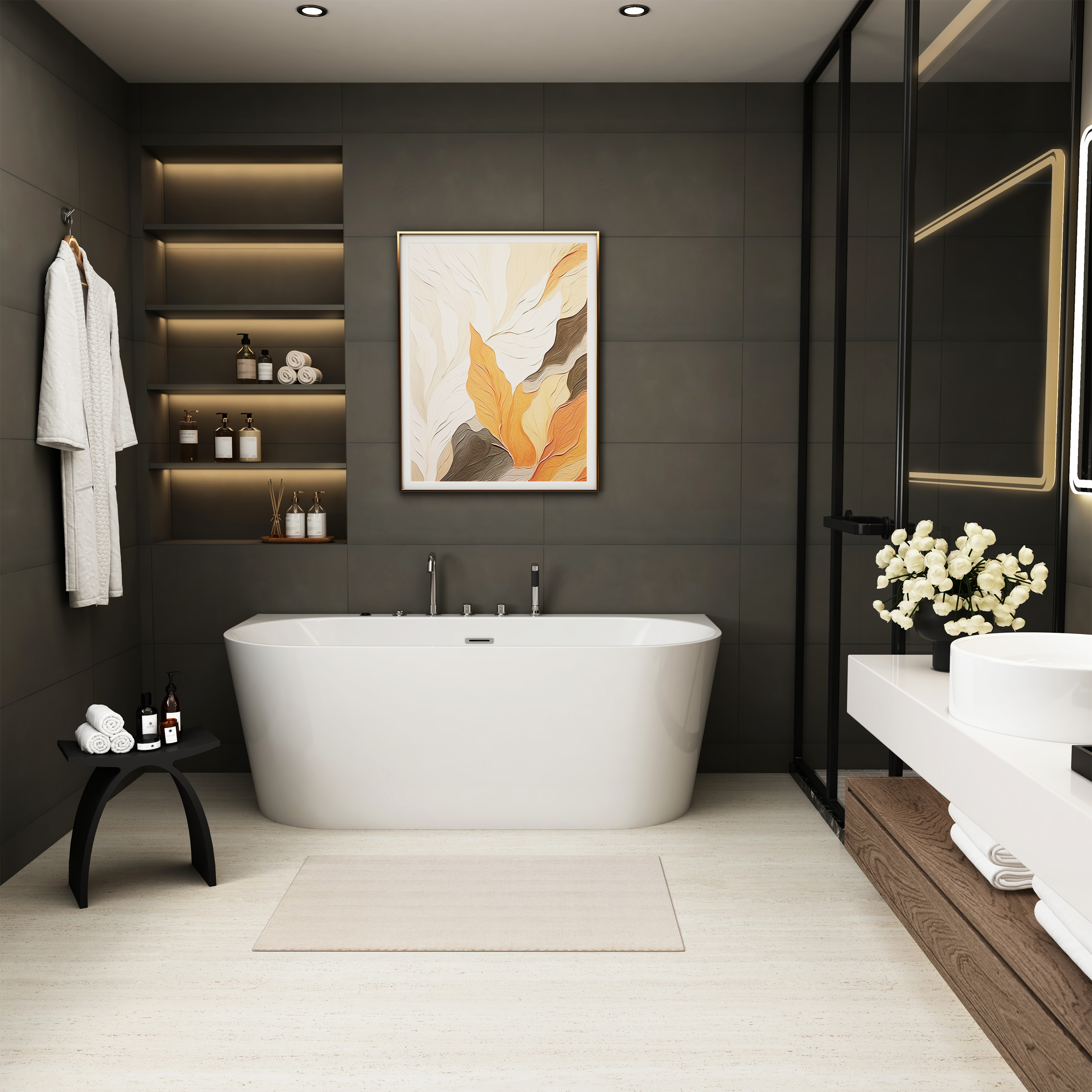 63" Acrylic Freestanding Whirlpool Bathtub with 6 Jets and 7-Color LED Light