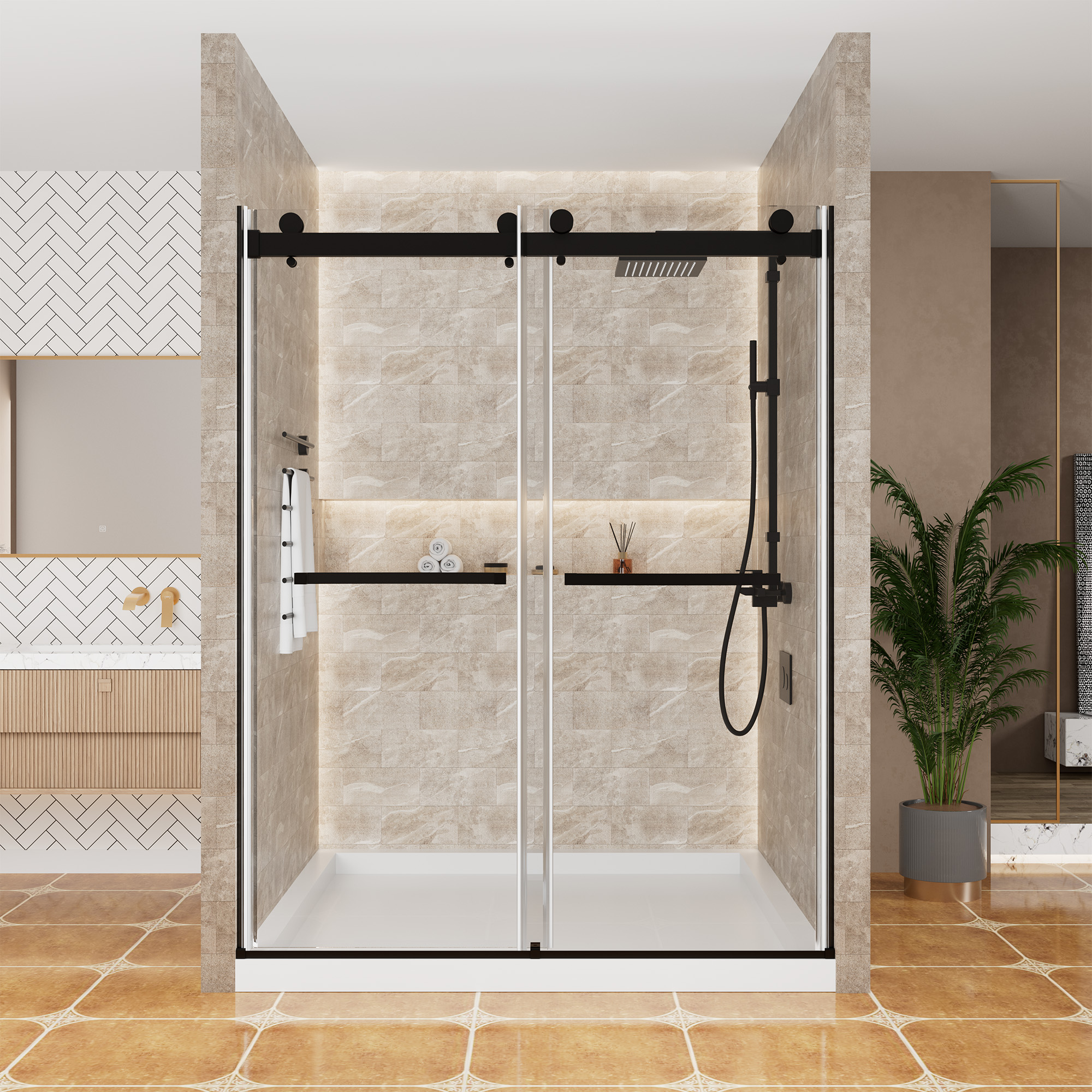 60.6 in. W x 76 in. H Frameless Shower Door in Matte Black with Tempered Glass