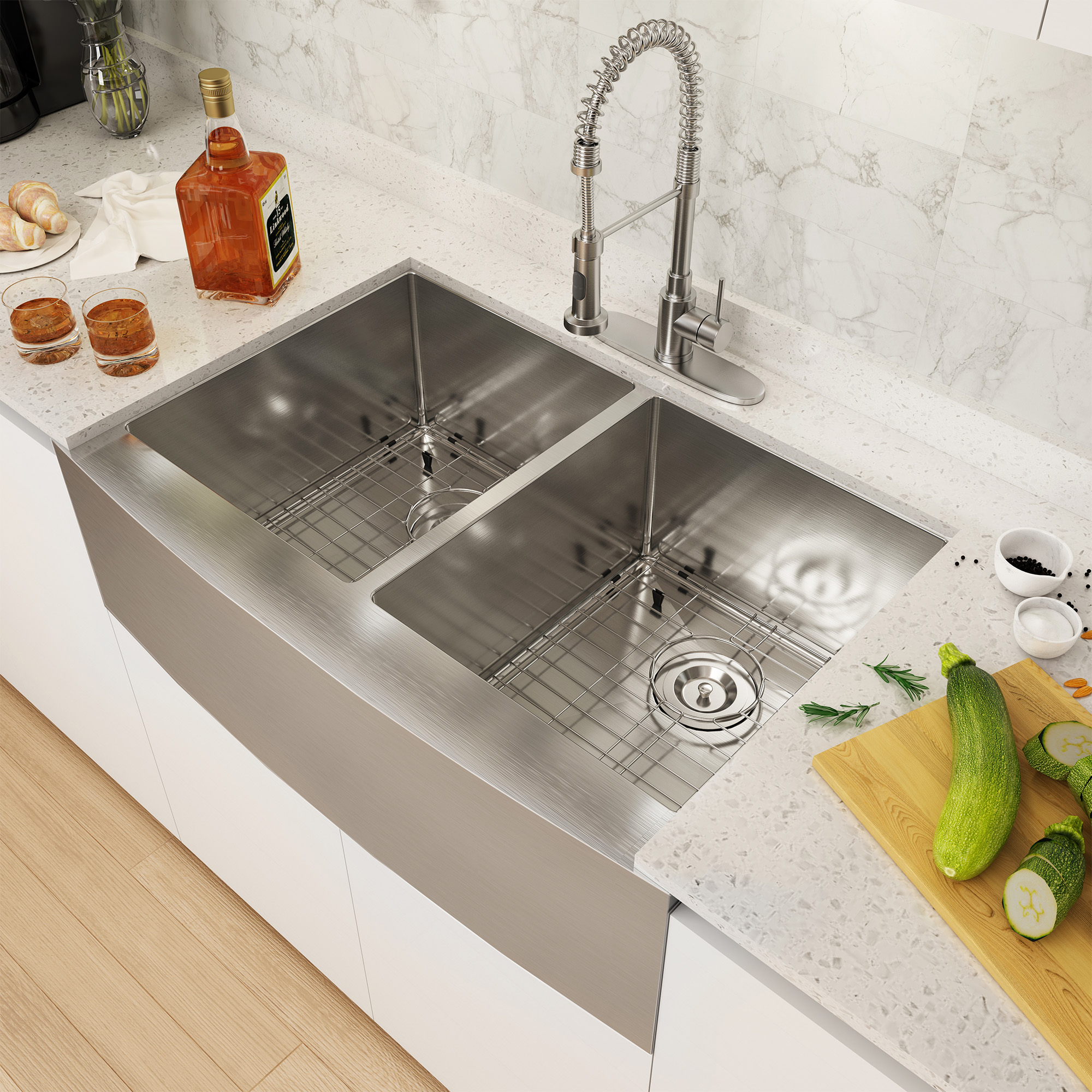 33 Inch Workstation Farmhouse Kitchen Sink Stainless Steel Apron Front Double Bowl Sink Basin