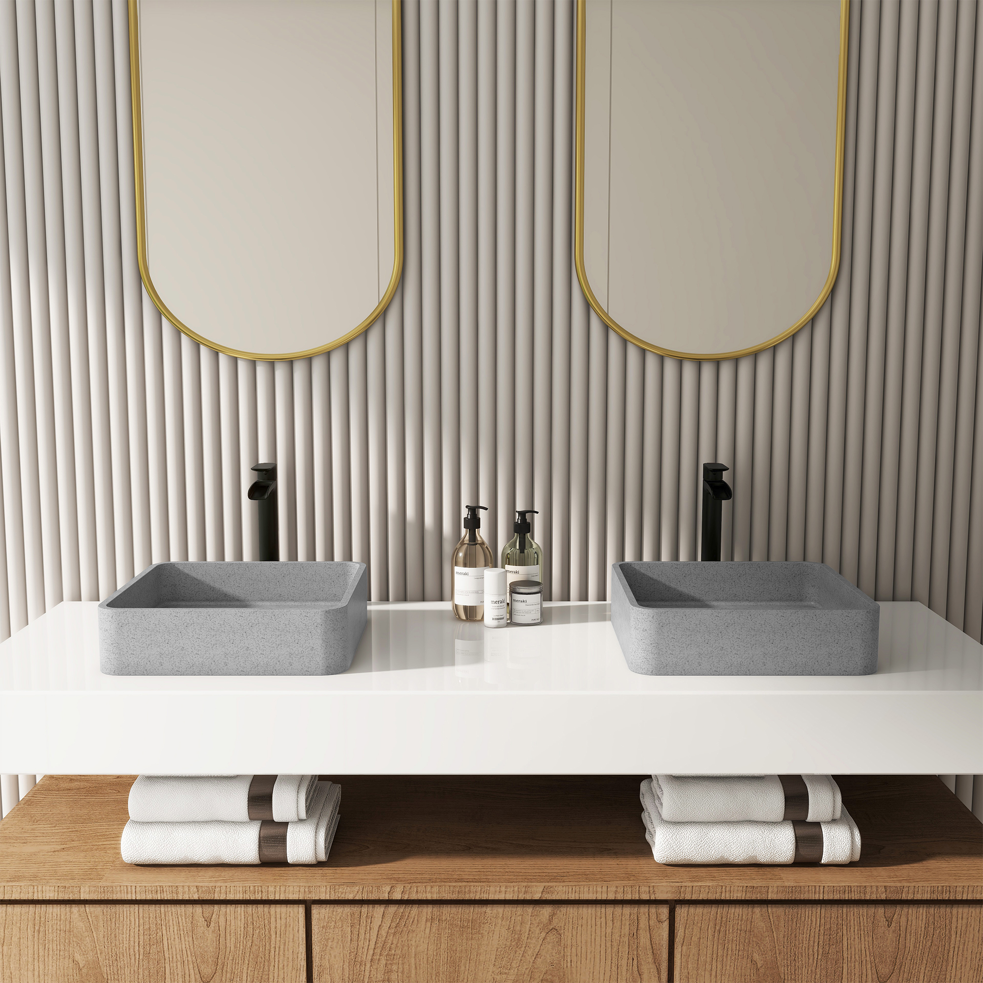 15in Bathroom Concrete Square Vessel Sink with Drainer in Mottled Bluish Grey / Cold Concrete Grey / Taupe Clay