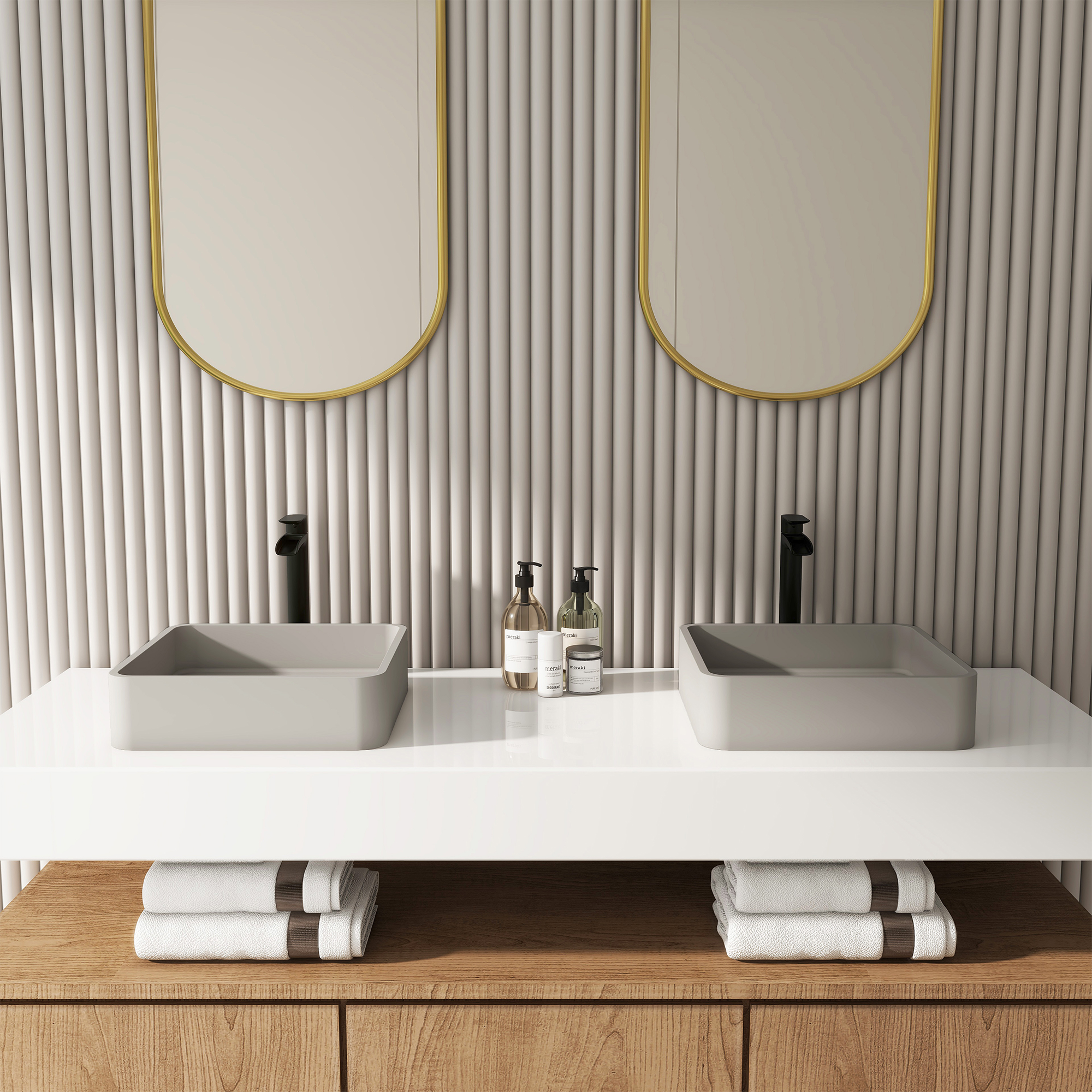 15in Bathroom Concrete Square Vessel Sink with Drainer in Mottled Bluish Grey / Cold Concrete Grey / Taupe Clay