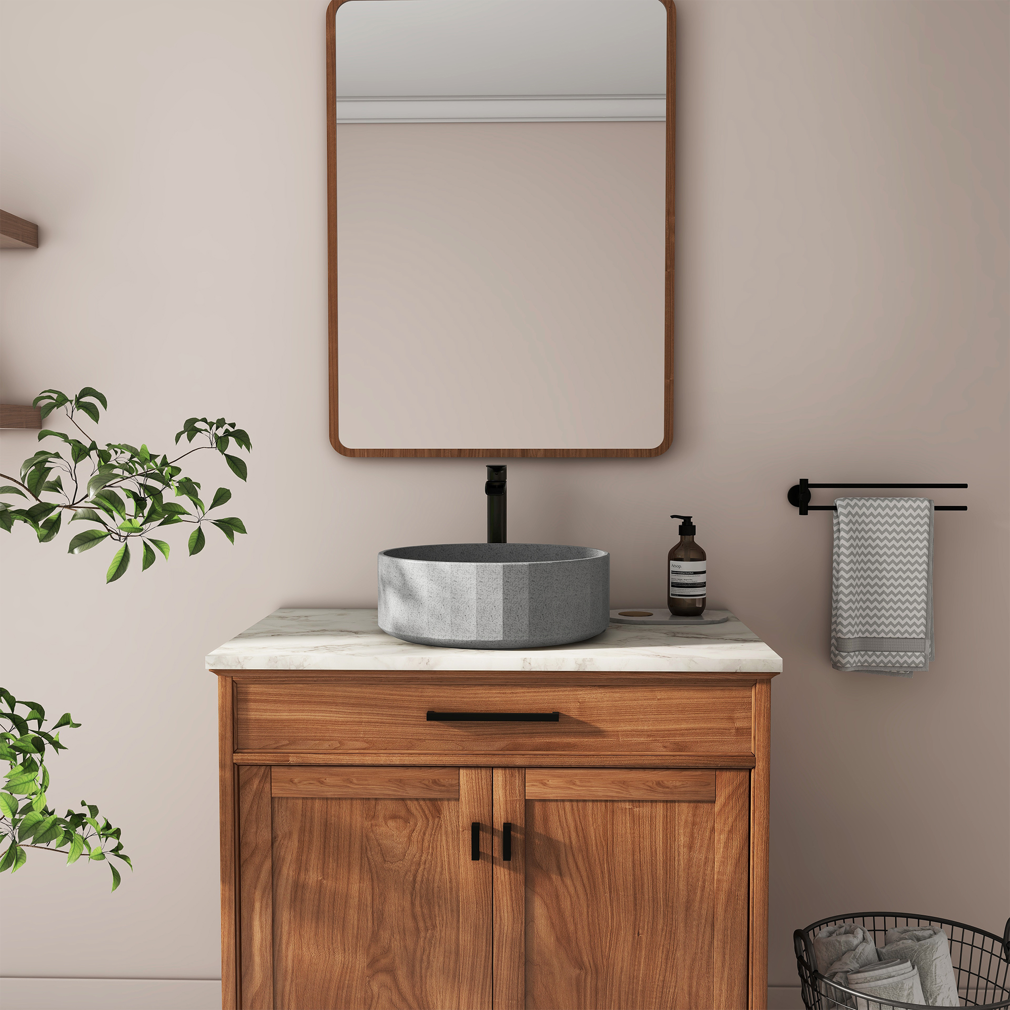 17in Bathroom Concrete Round Vessel Sink with Drainer in Black Earth / Mottled Bluish Grey / Taupe Clay