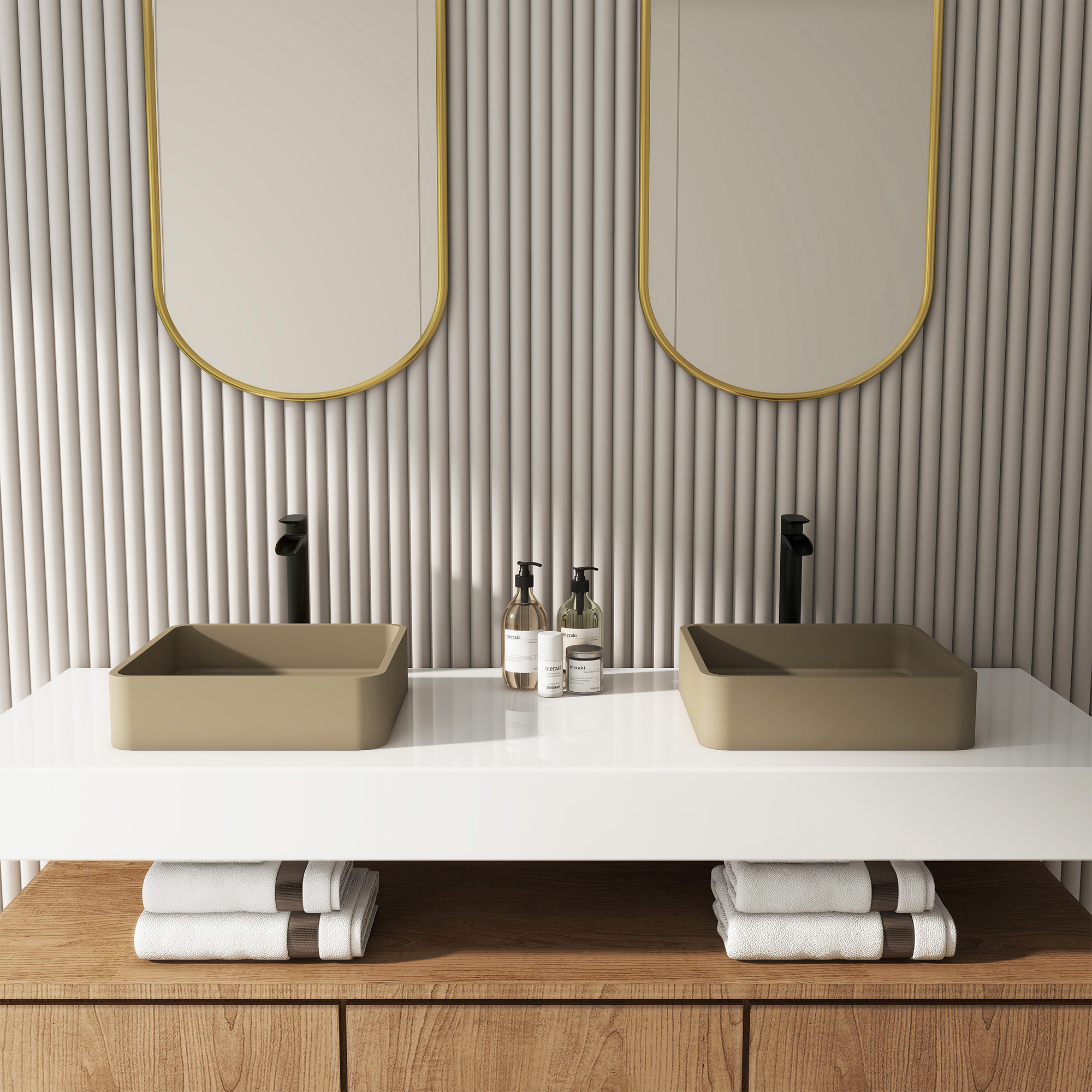 15in Bathroom Concrete Square Vessel Sink with Drainer in Mottled Bluish Grey / Cold Concrete Grey / Taupe Clay