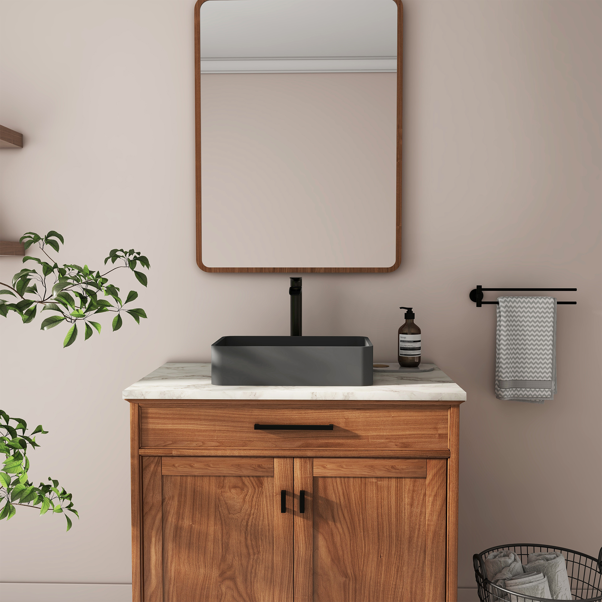 19in Bathroom Concrete Rectangular Vessel Sink with Drainer in Black Earth / Blue Ashes / Taupe Clay