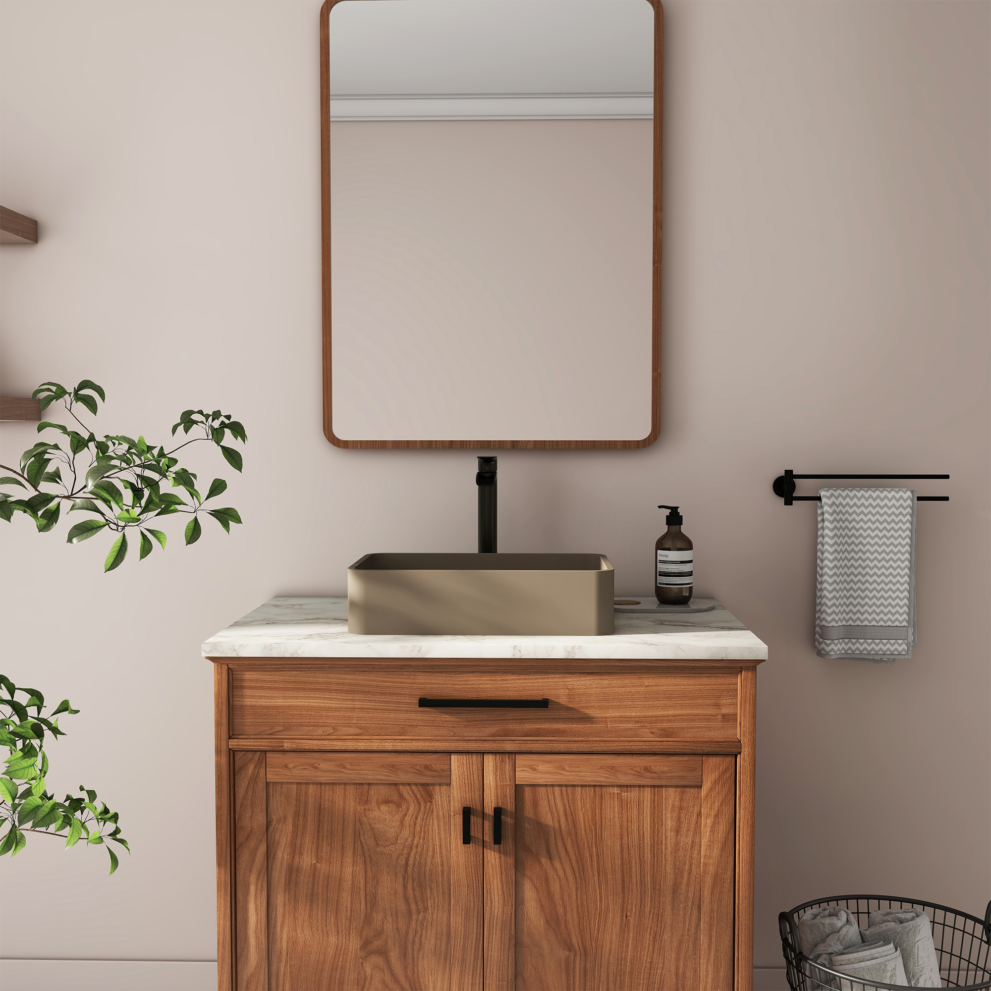 19in Bathroom Concrete Rectangular Vessel Sink with Drainer in Black Earth / Blue Ashes / Taupe Clay