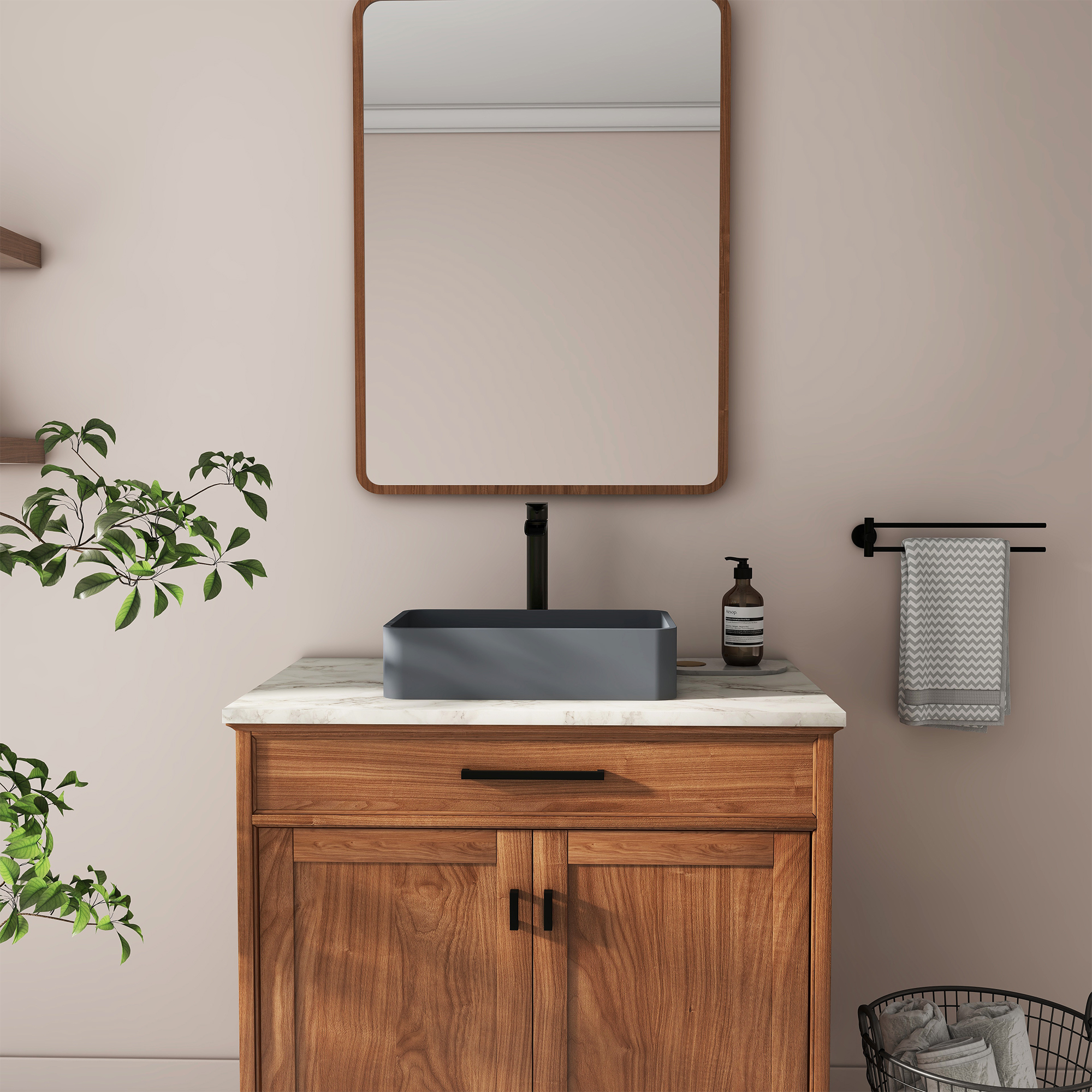 19in Bathroom Concrete Rectangular Vessel Sink with Drainer in Black Earth / Blue Ashes / Taupe Clay