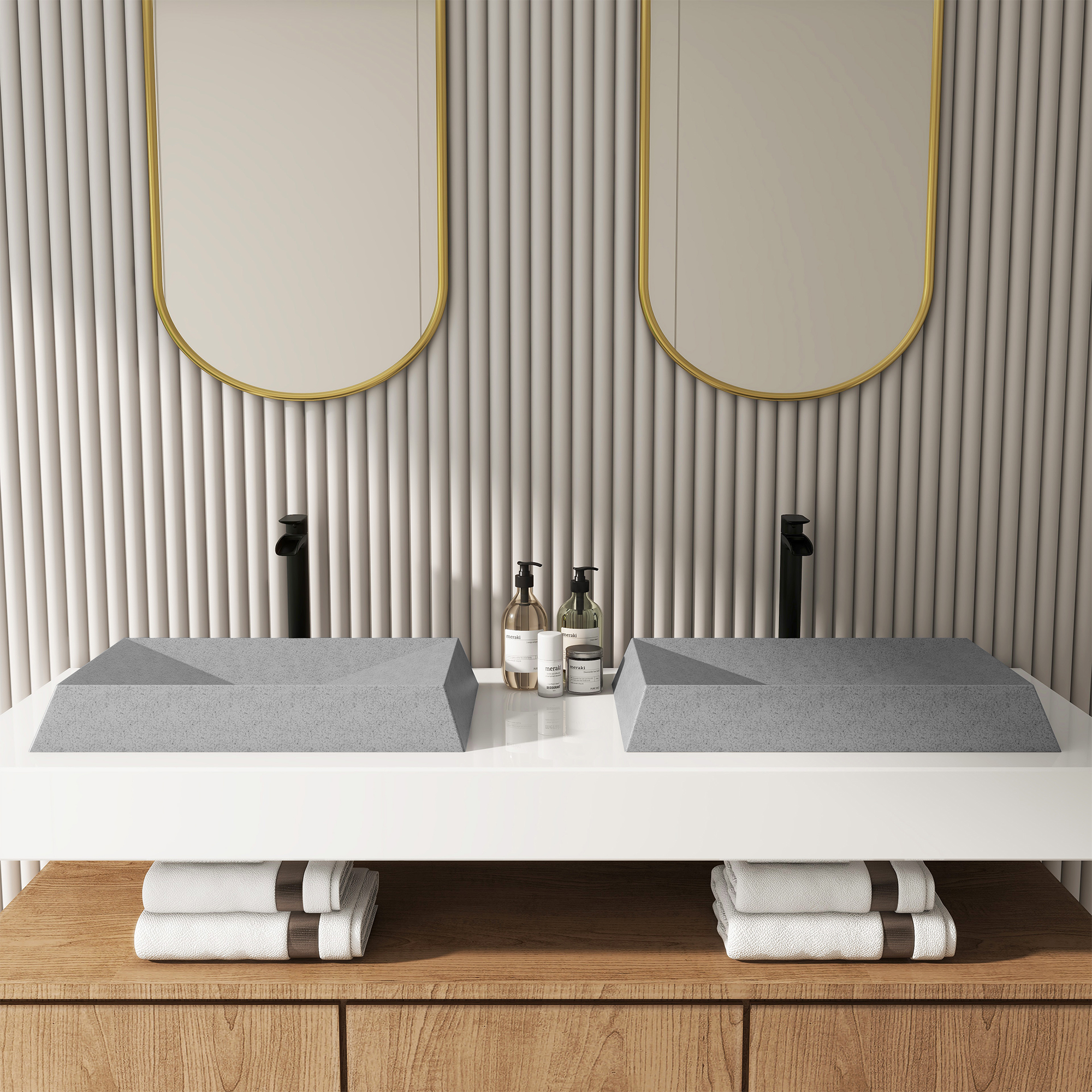 27in Bathroom Concrete Rectangular Vessel Sink with Drainer in Mottled Bluish Grey / Black Earth / Taupe Clay