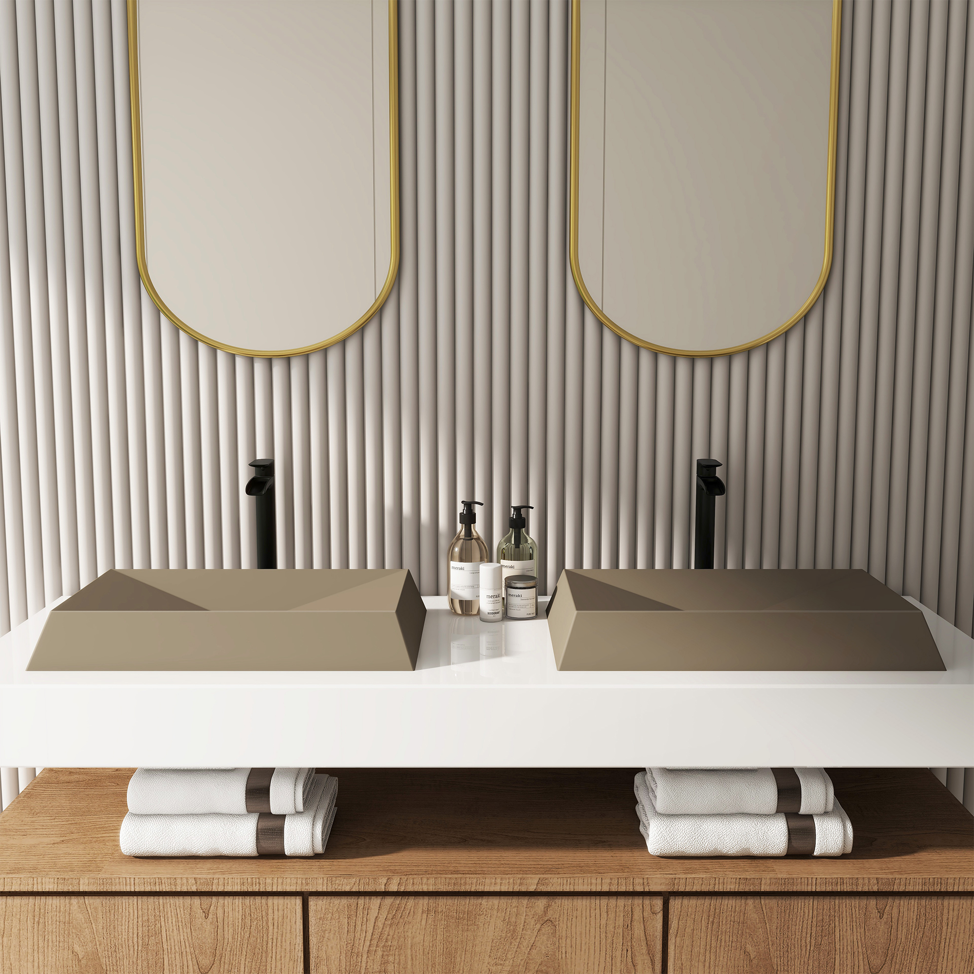 27in Bathroom Concrete Rectangular Vessel Sink with Drainer in Mottled Bluish Grey / Black Earth / Taupe Clay