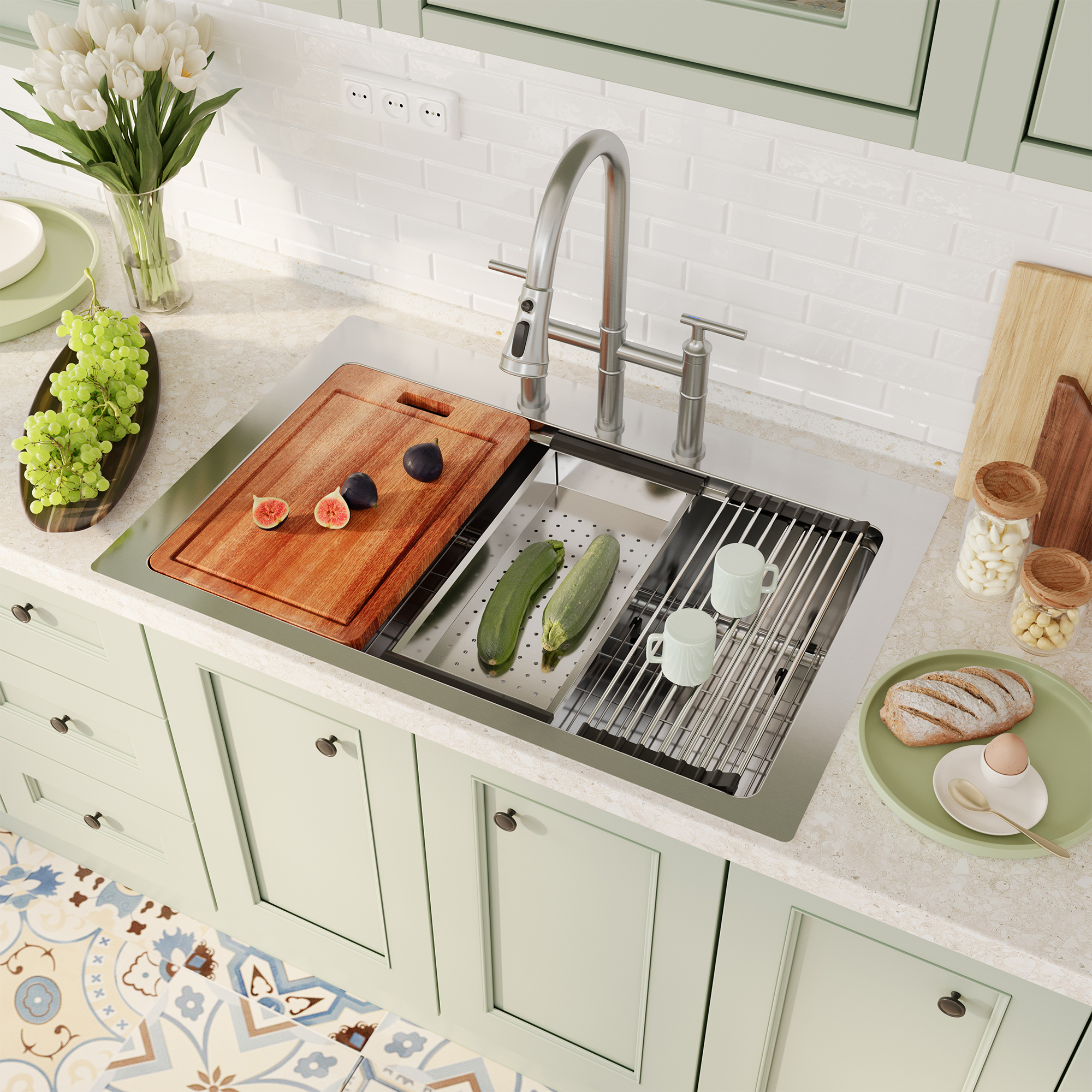 33inch 3-Hole Single Bowl Stainless Steel Drop-in Workstation Kitchen Sink with Accessories