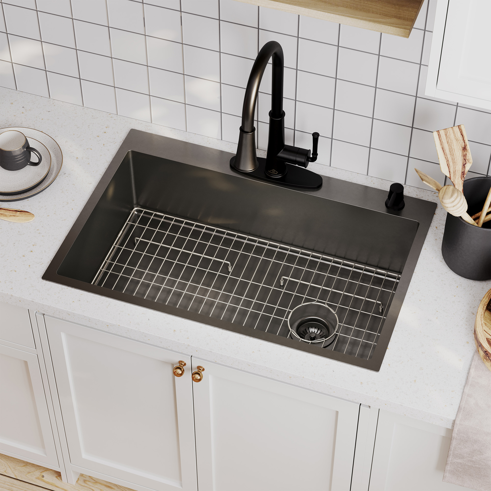 Drop-In Stainless Steel 33-inch 1-Hole Single Bowl Kitchen Sink in Nano PVD Gun Gray