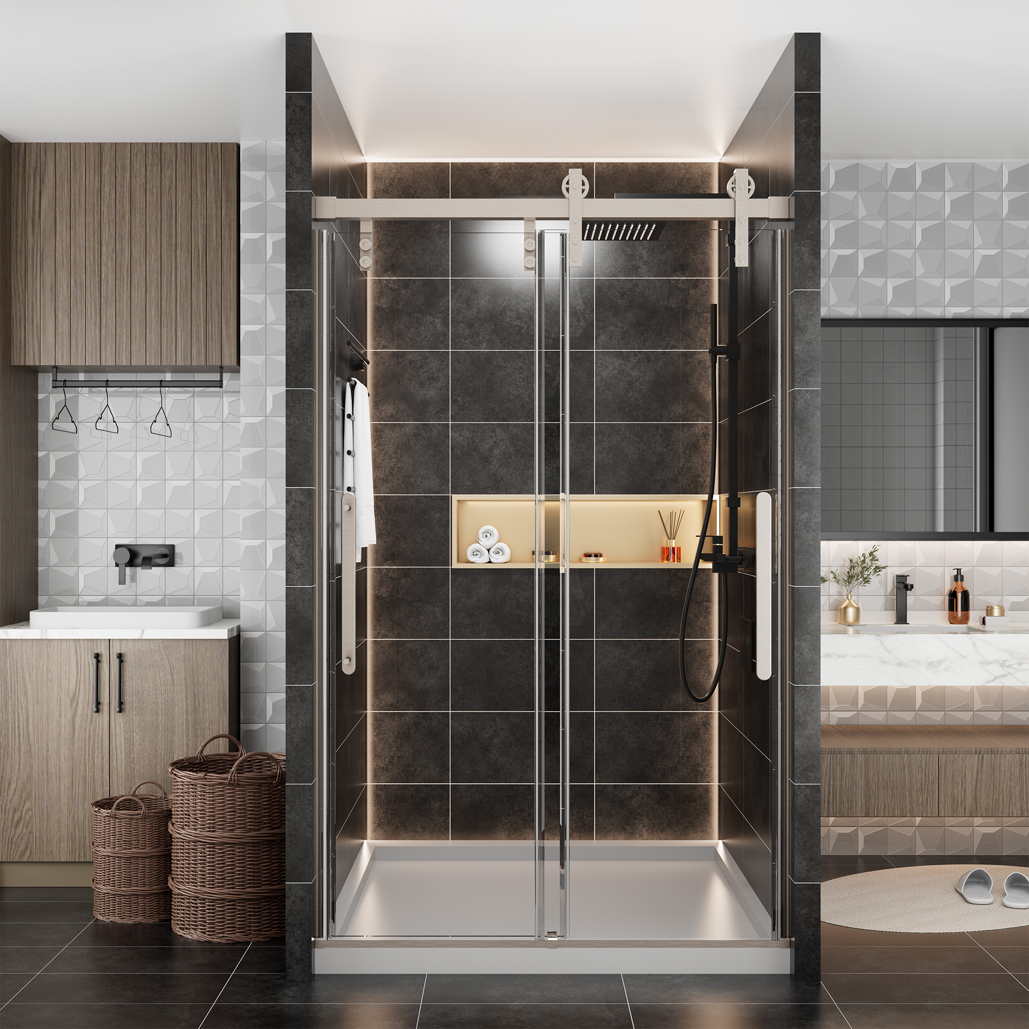 48 in. W x 76 in. H Frameless Shower Door in Matte Black with Tempered Glass