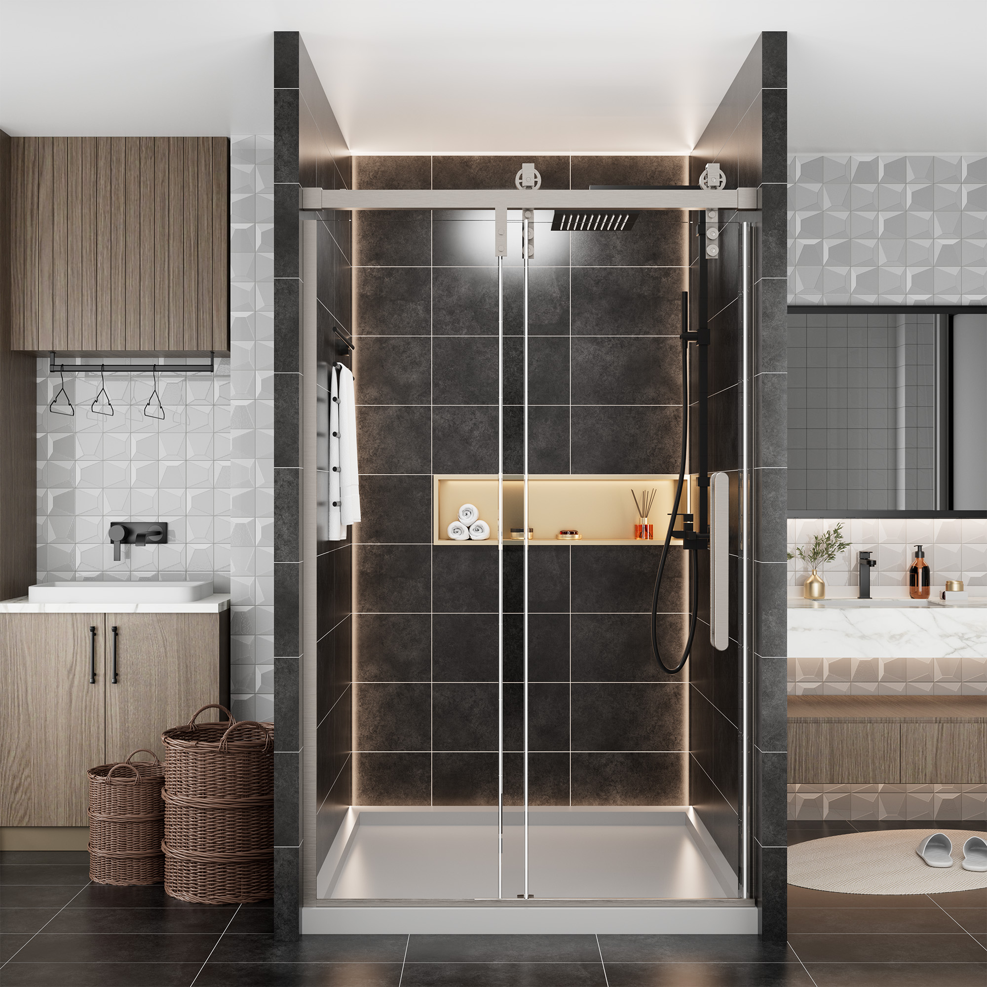 48.6  in. W x 76 in. H Framed Shower Door in Matte Black with Tempered Glass
