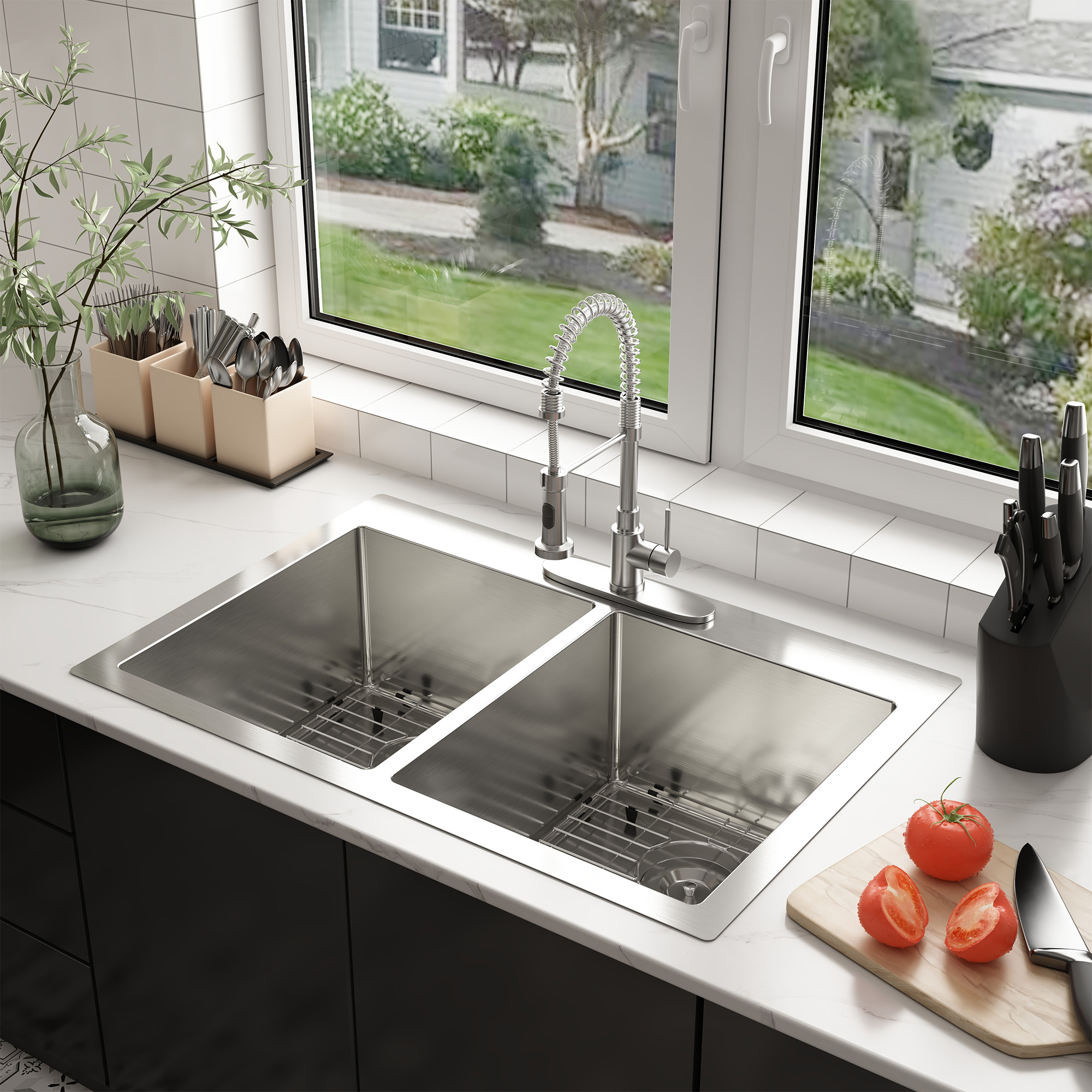 thumbnail image 2 of Ruvati 33 X 22 Inch Drop-in 60/40 Double Bowl Zero Radius Topmount Stainless Steel Kitchen Sink Ruvt1010 2 of 14