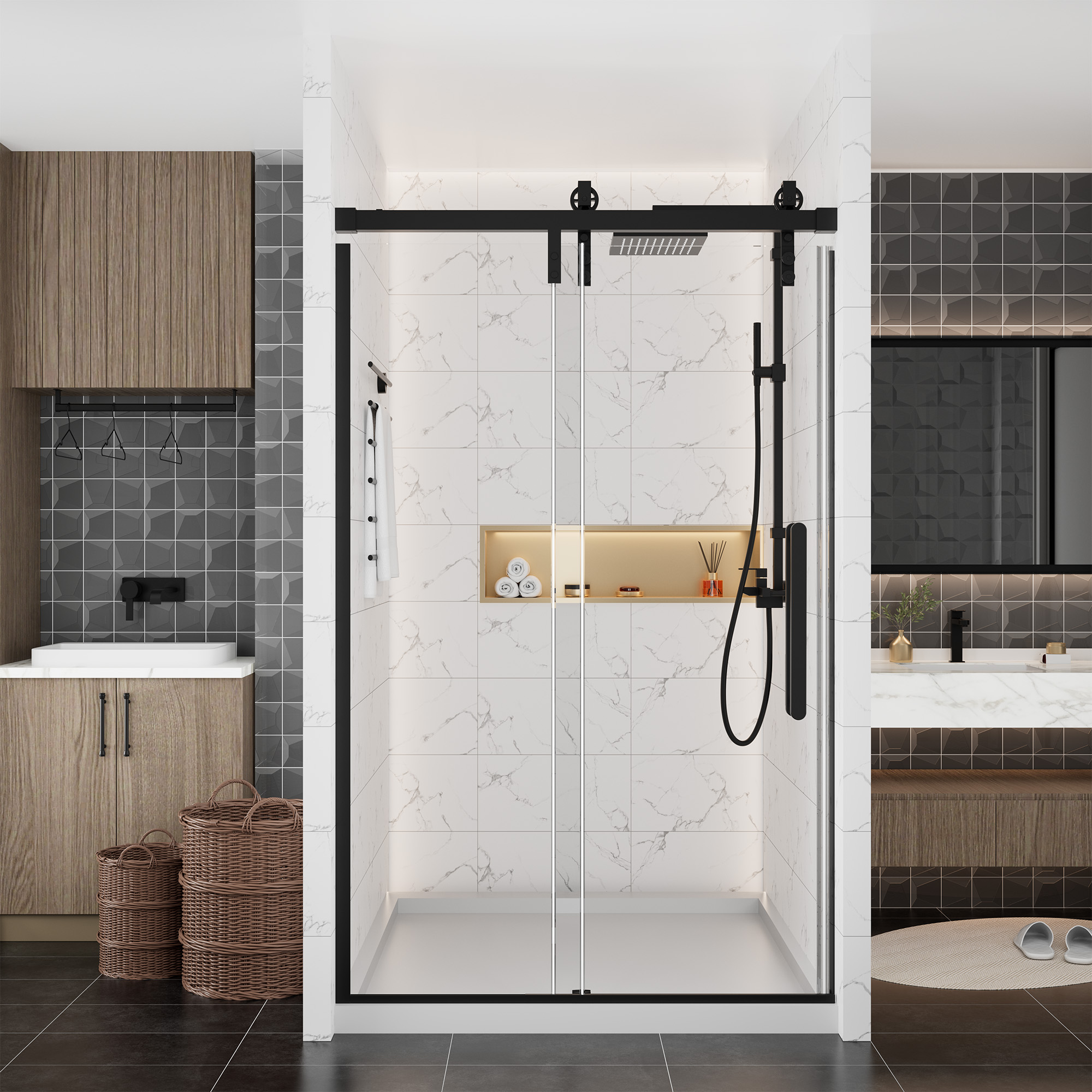 48.6  in. W x 76 in. H Framed Shower Door in Matte Black with Tempered Glass